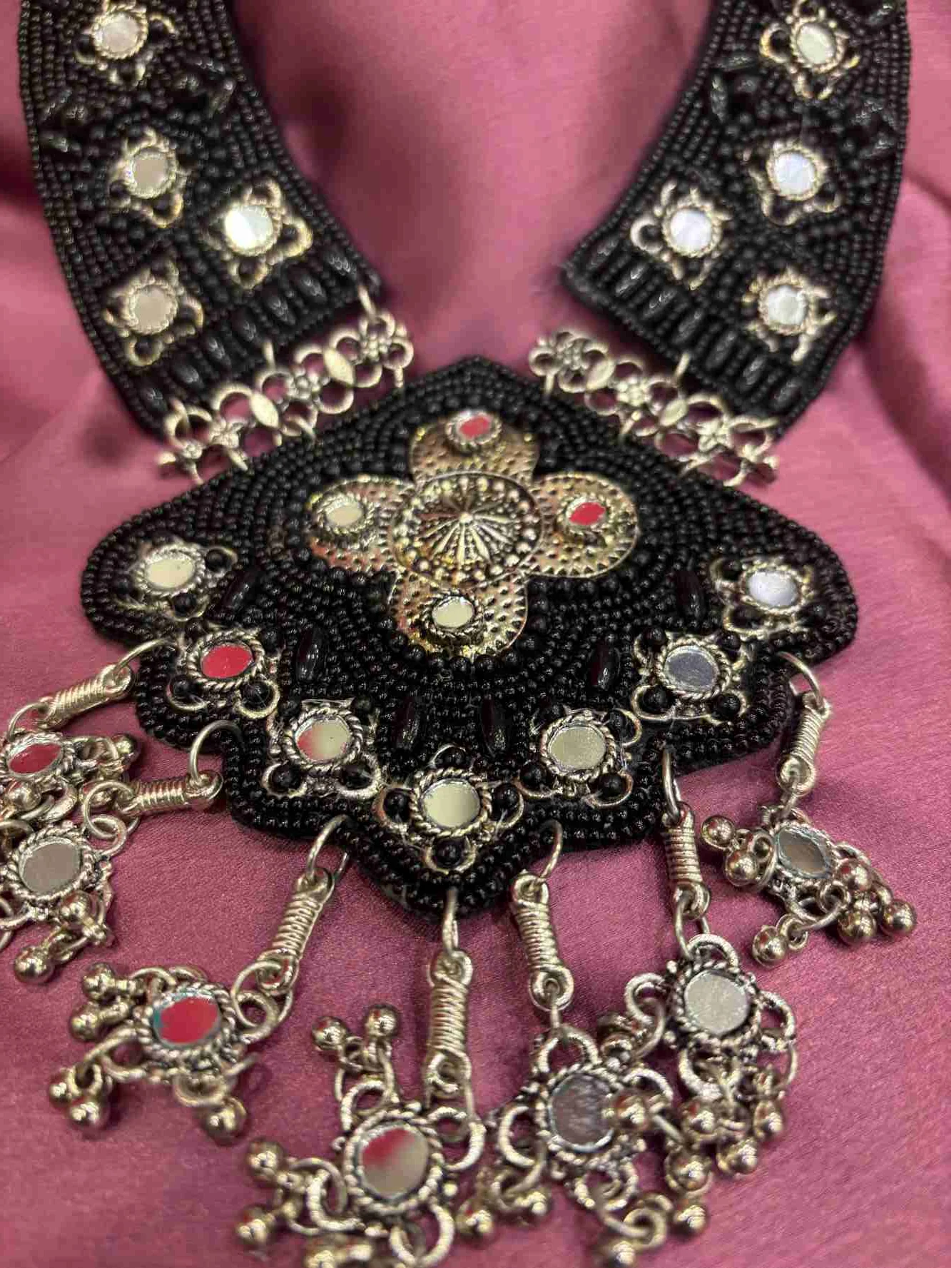 Silver Plated With Black Moti & Mirror Embllished Oxidised Necklace - Image 2