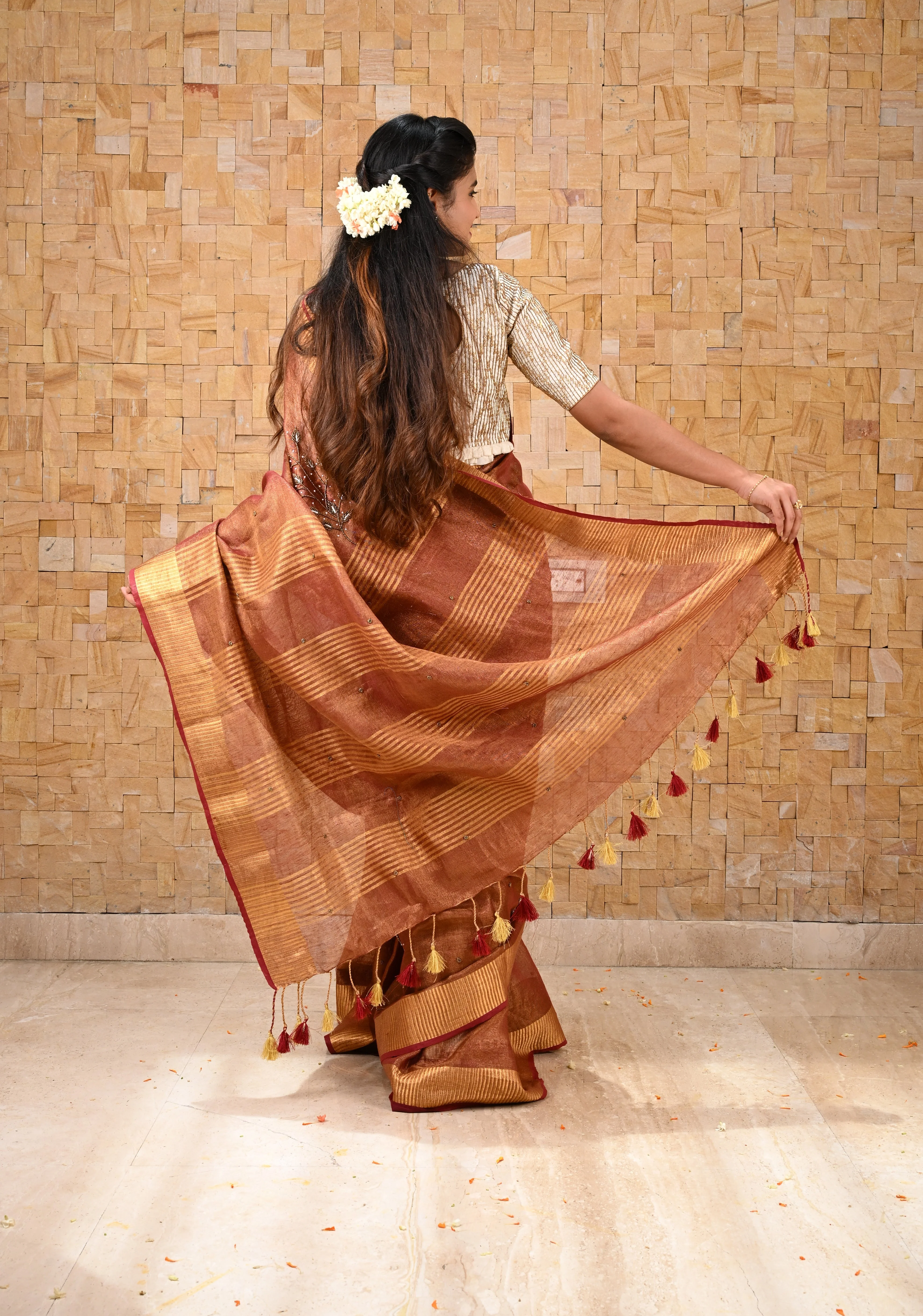 Golden Tissue Linen Saree in Reddish-Brown with Bead Embellishments | Shobitam - Image 8