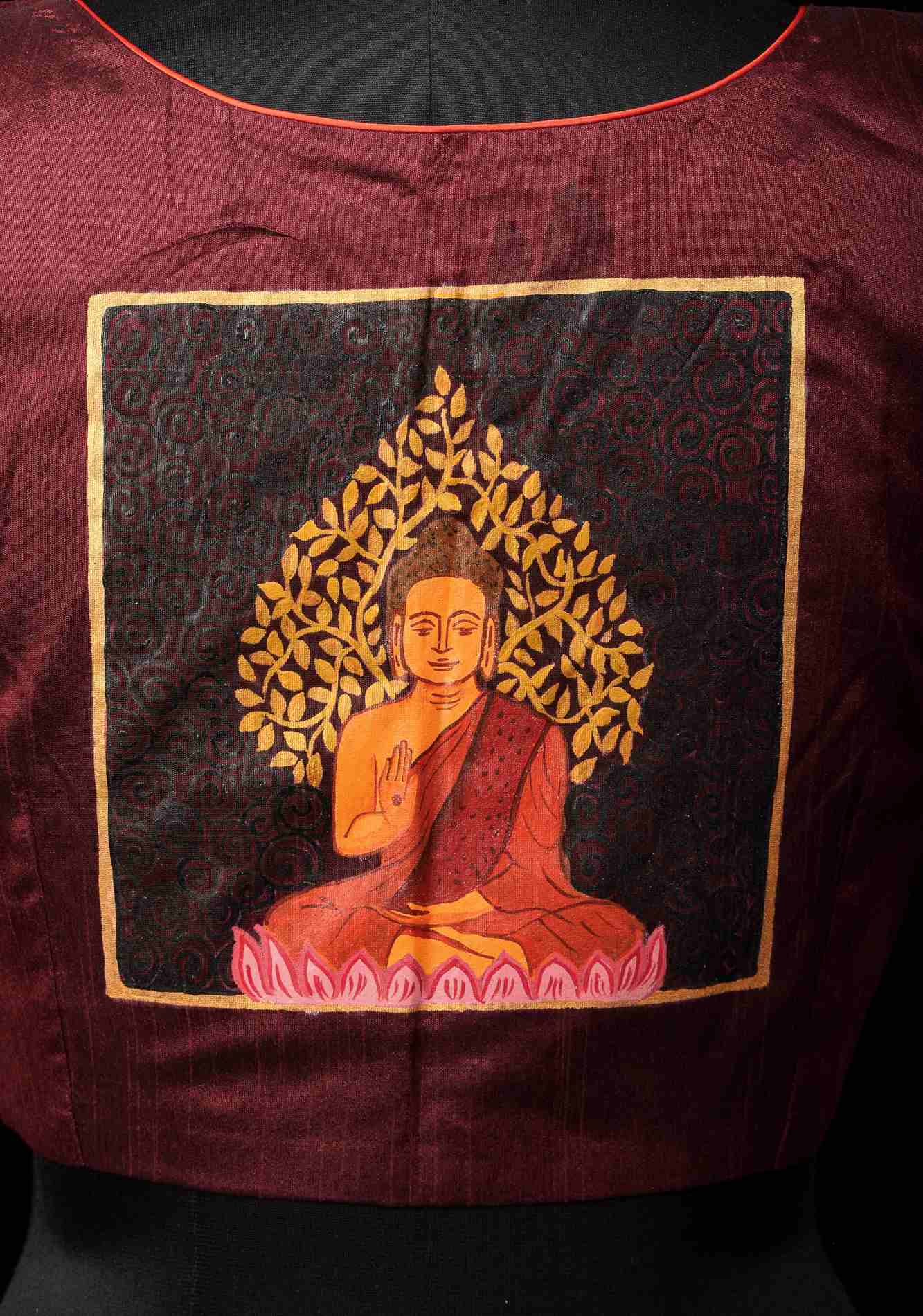 Size 36: Meditating Buddha - Authentic Hand painting on maroon semi silk blouse - Image 2