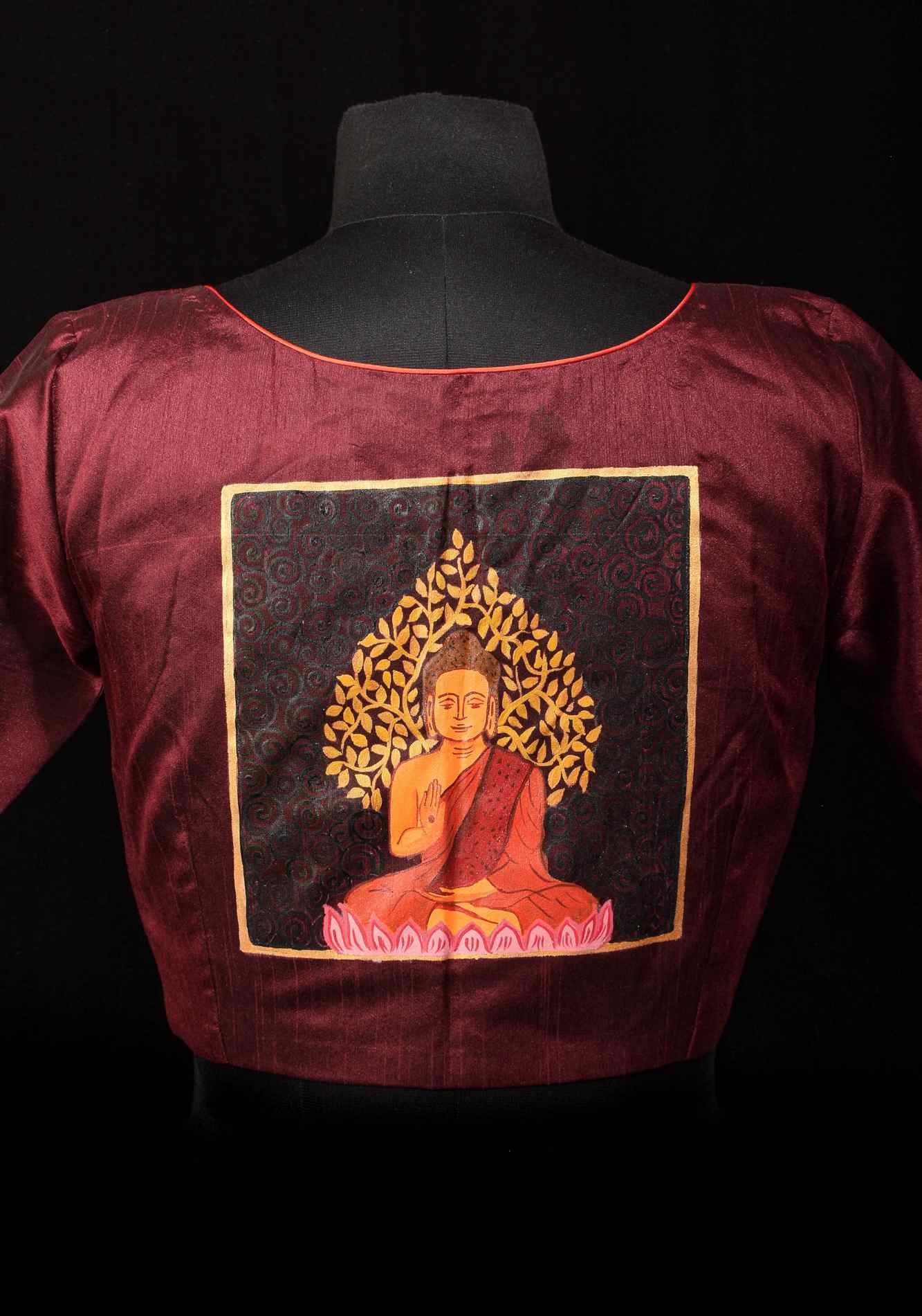 Size 36: Meditating Buddha - Authentic Hand painting on maroon semi silk blouse - Image 5