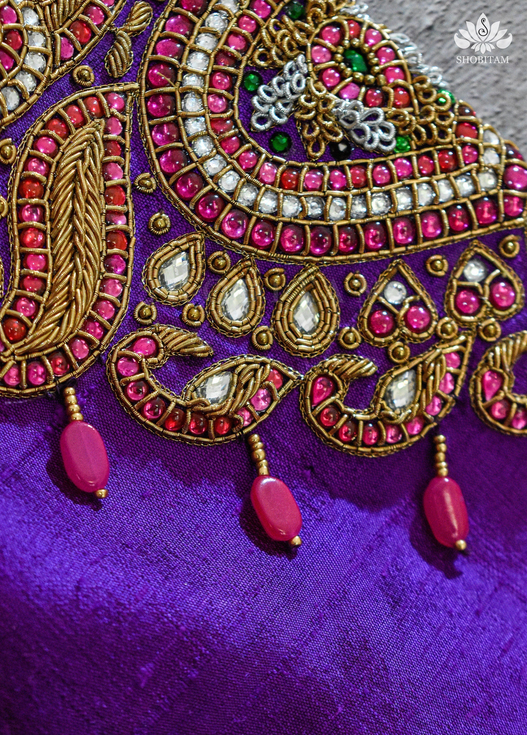 Made to order Temple Jewelry Style Jadau Blouse in Violet | Shobitam Blouse - Image 2