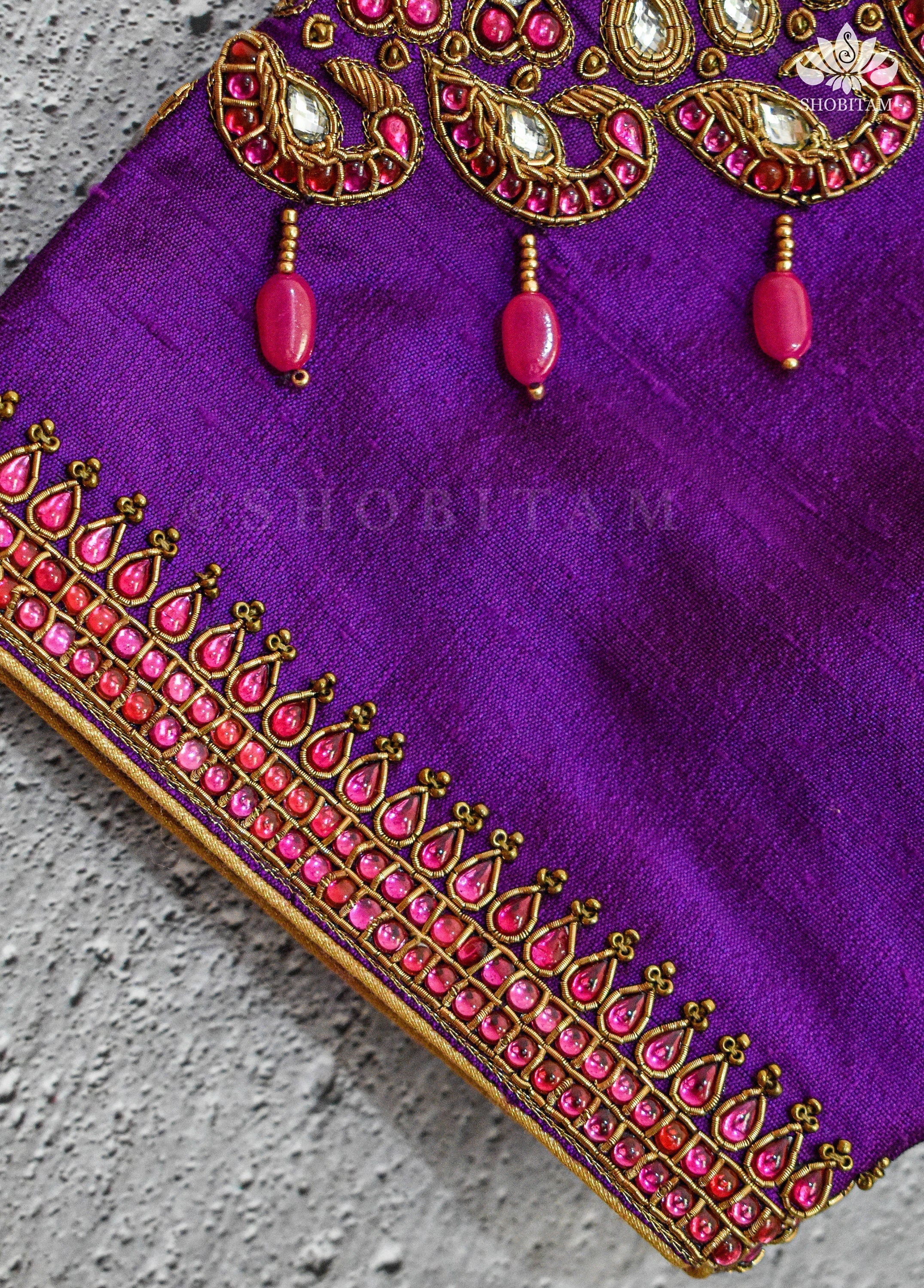 Made to order Temple Jewelry Style Jadau Blouse in Violet | Shobitam Blouse - Image 7
