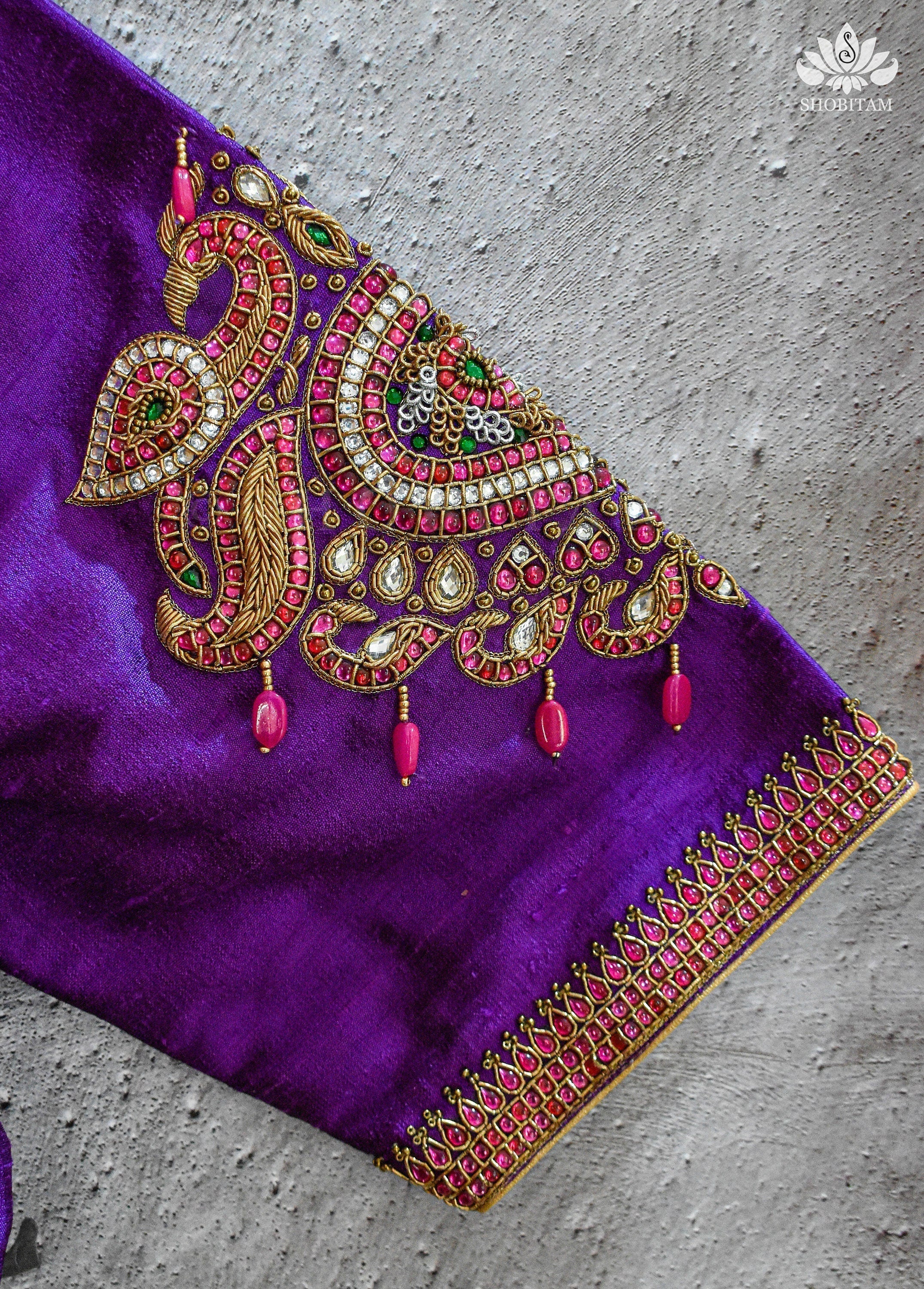 Made to order Temple Jewelry Style Jadau Blouse in Violet | Shobitam Blouse - Image 9
