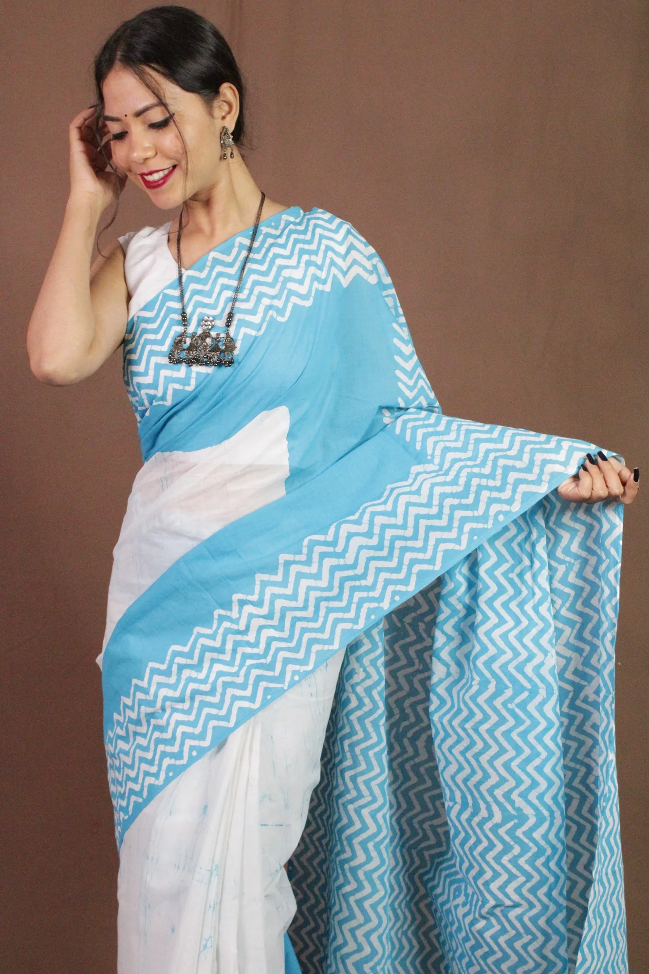 Sky Blue Cotton Handloom Mul mul Wrap in 1 minute saree - Image 4