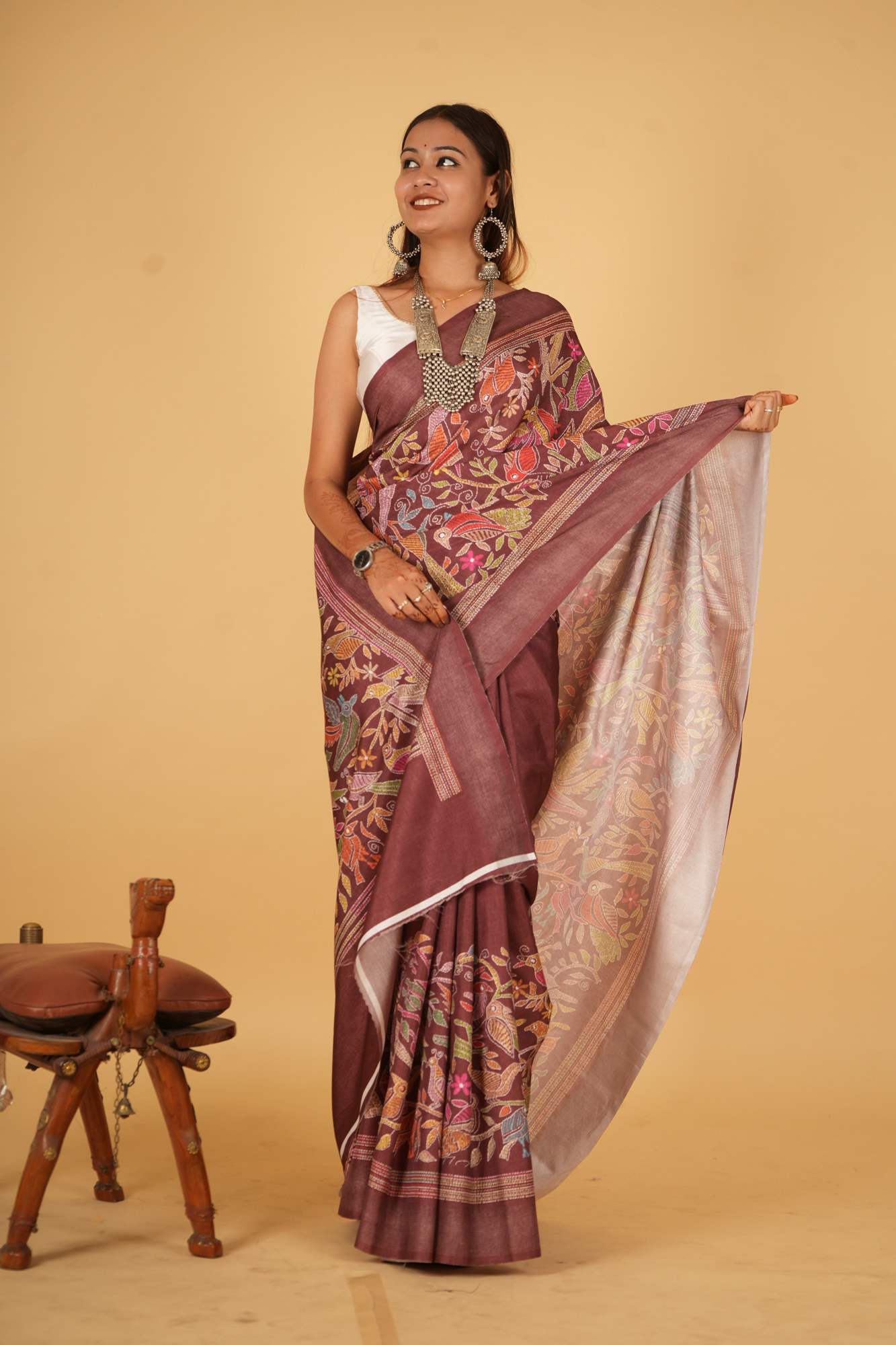 Soft Art Silk With Madhubani Kantha Print Ready To  Wear Saree - Image 4
