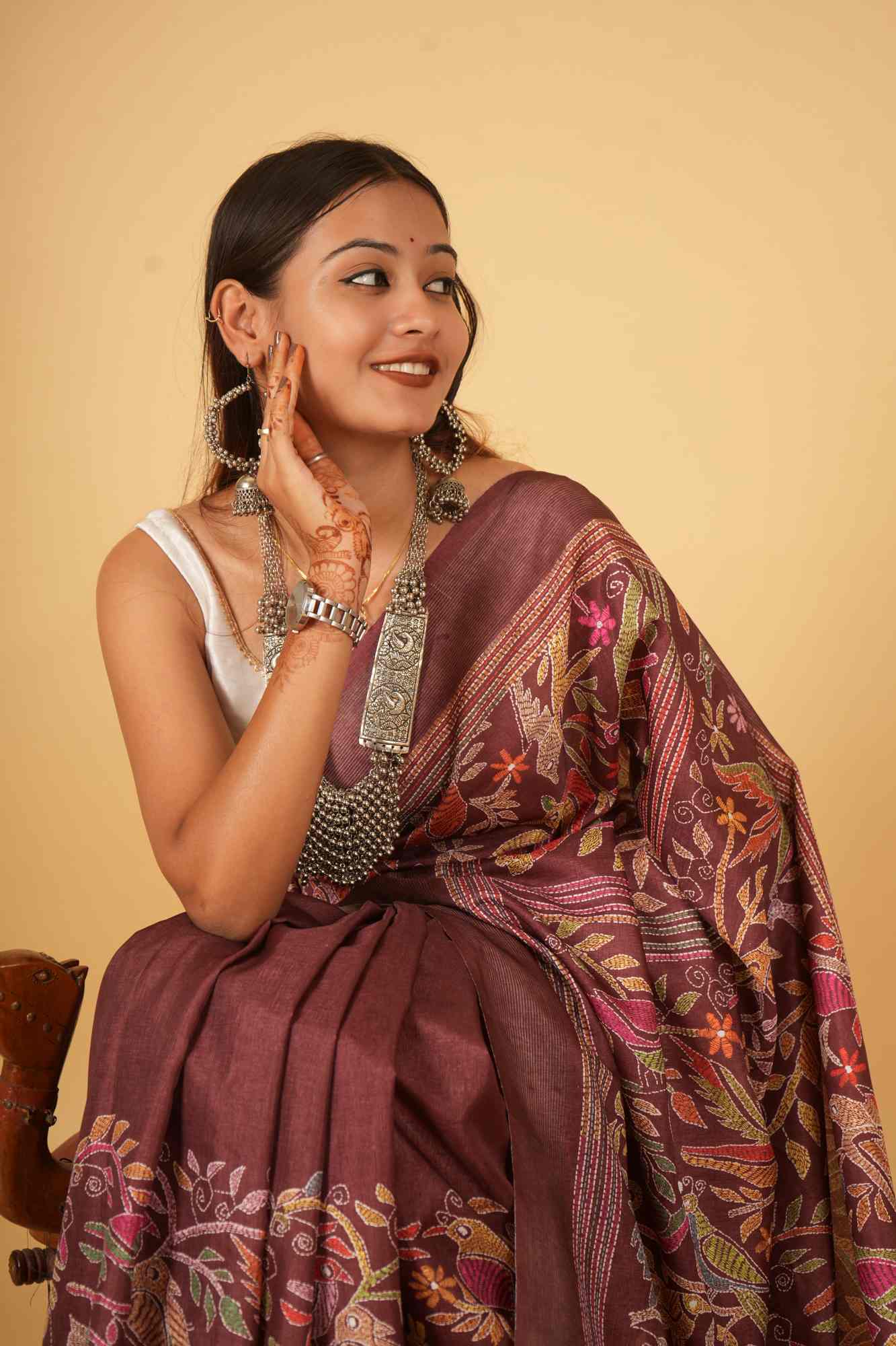 Soft Art Silk With Madhubani Kantha Print Ready To  Wear Saree - Image 8