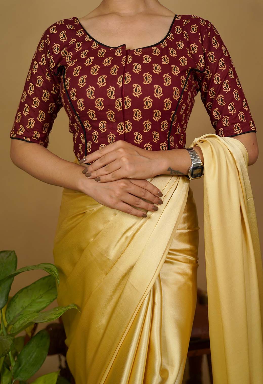 Soft Cotton Ajrakh Block Printed With Piping Detailed Blouse - Image 4