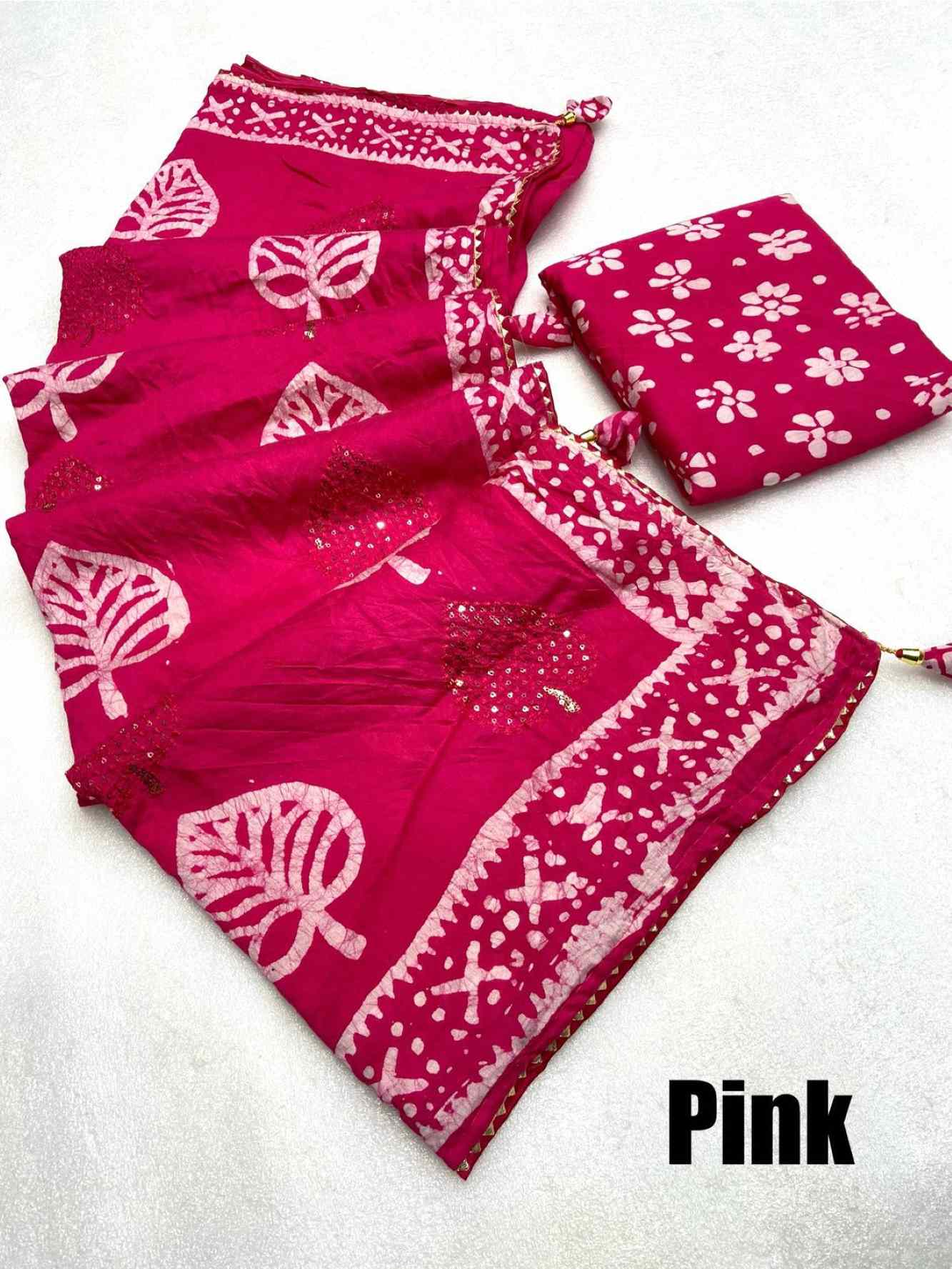 Soft Cotton Pink Batik Printed All Over With Seqance Work Butta & Rich Look Latkan Wrap in 1 minute saree - Image 5