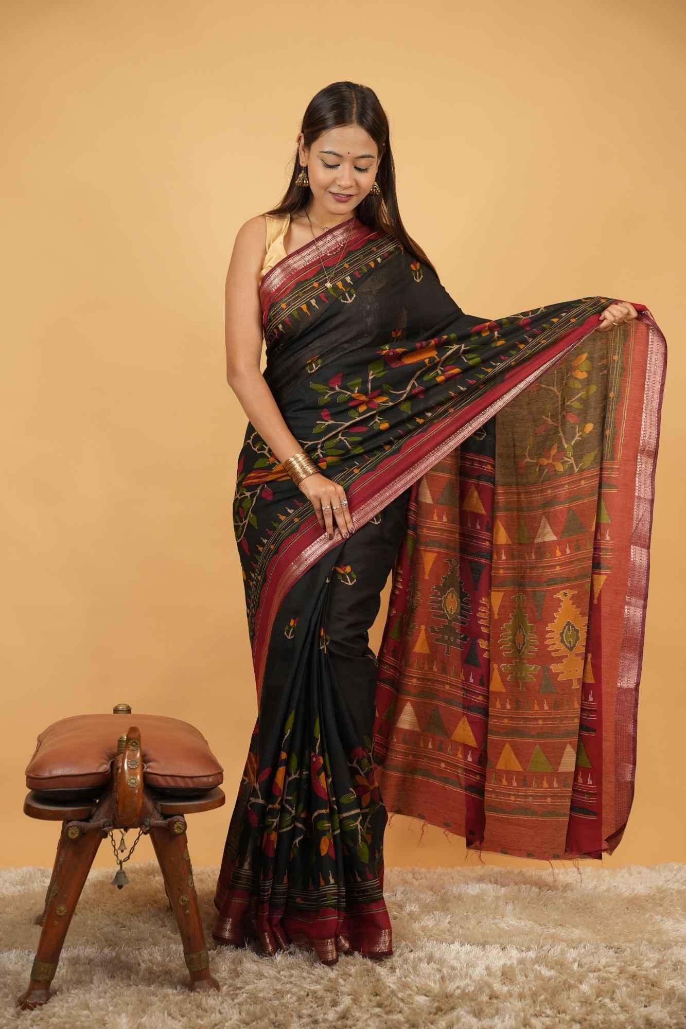 Soft cotton style  printed with zari pattu woven border. Ready To Wear Saree - Image 3