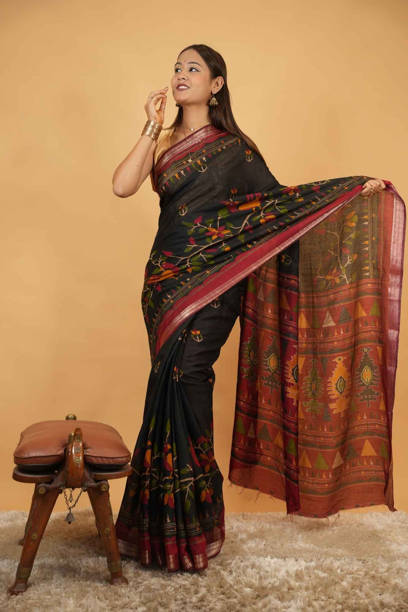 Soft cotton style  printed with zari pattu woven border. Ready To Wear Saree - Image 4