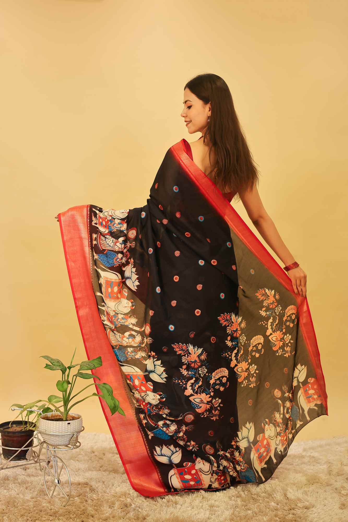 Soft Cotton Silk With Pichwai Print & Contrast Zari Border Pre Drape Saree - Image 6