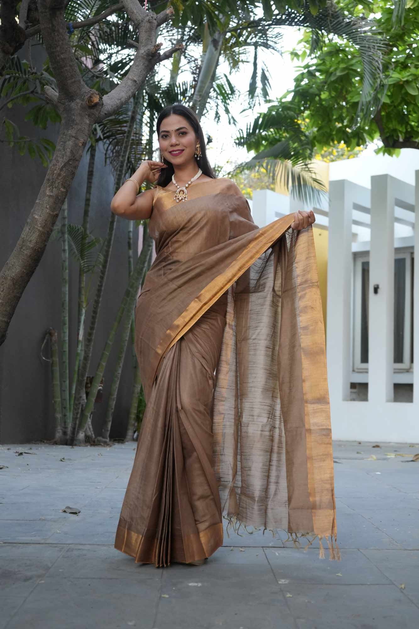 soft golden Classy Handloom Bapta Silk with zari Border  Wrap in 1 minute saree - Image 2