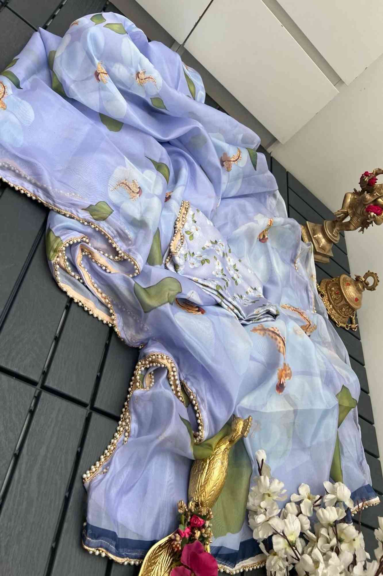 Soft Kora Organza Saree with Intricate Floral Design & Pearl Lace Wrap in 1 minute saree - Image 10