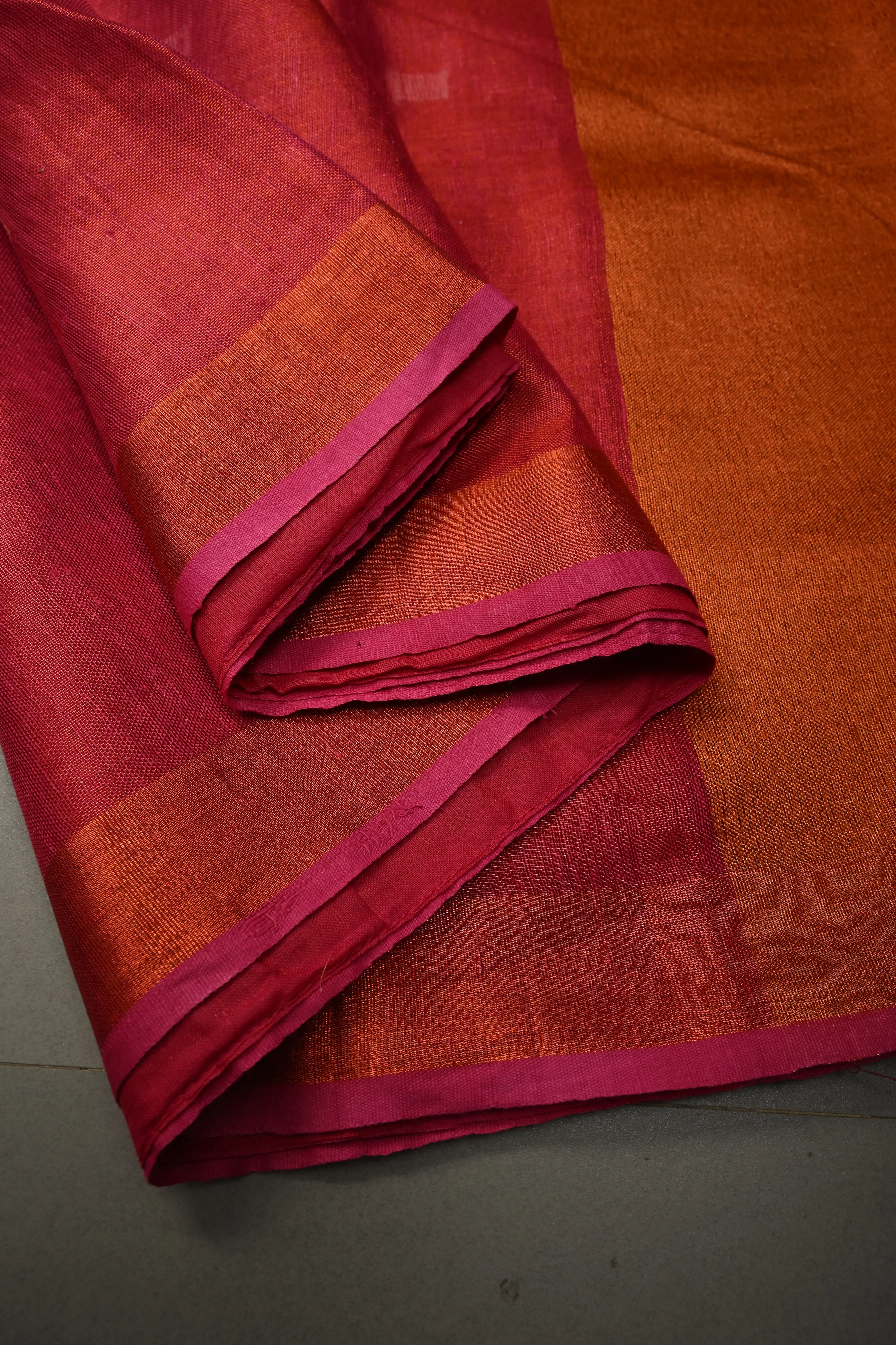 Pink Tissue Linen Saree with Resham Buttas and Minimal Zari Border | Shobitam - Image 5