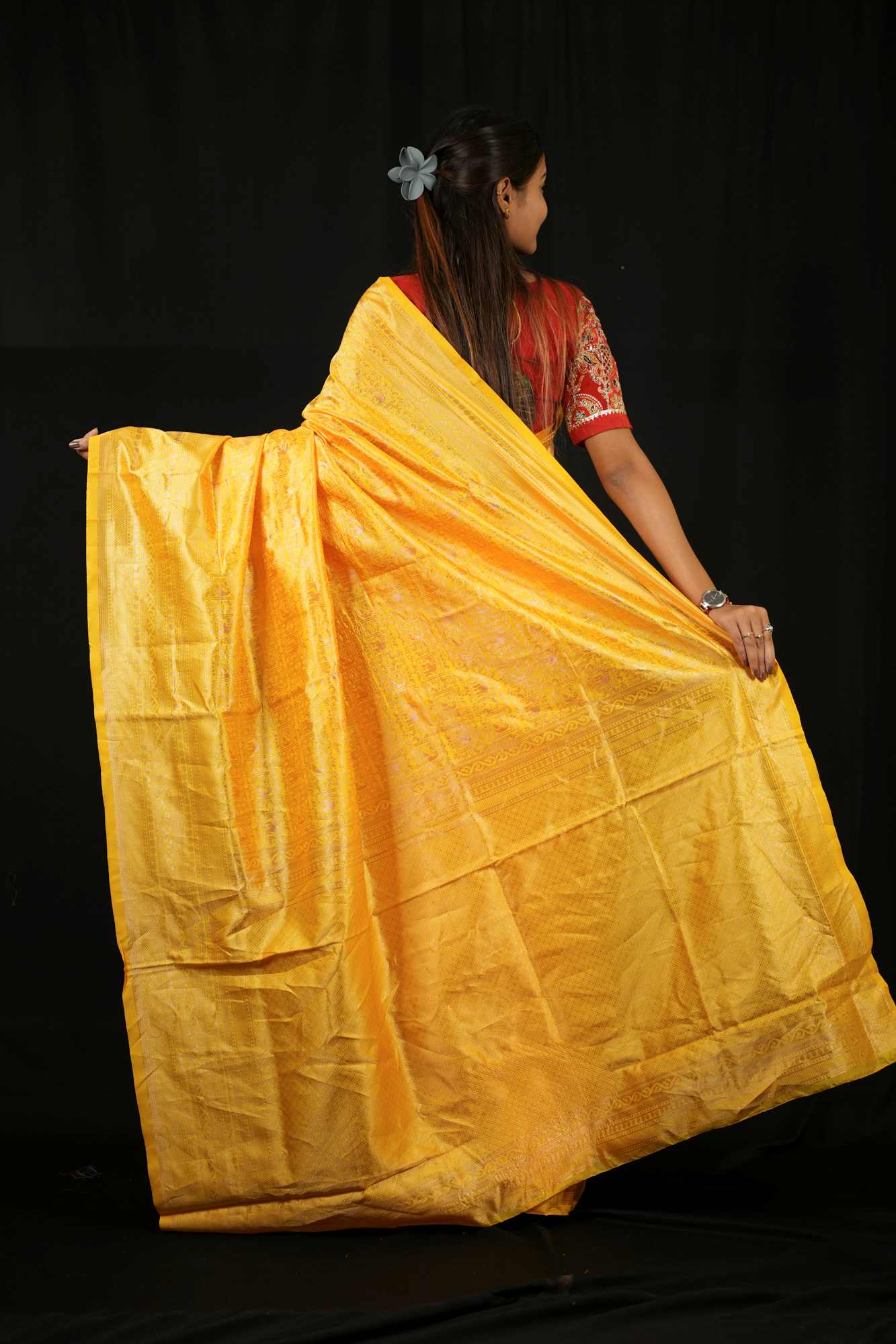 Soft Lichi Silk in Mustard Gold Ready To Wear Saree - Image 8