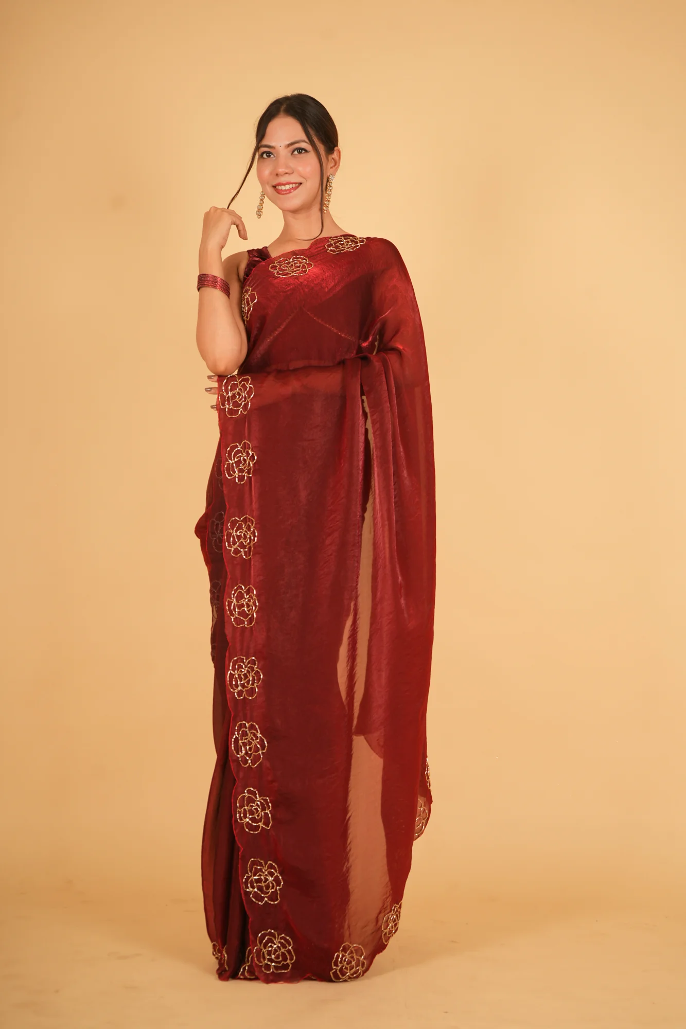 Soft Organza Rose Cutdana Work Ready to Wear Saree - Image 7
