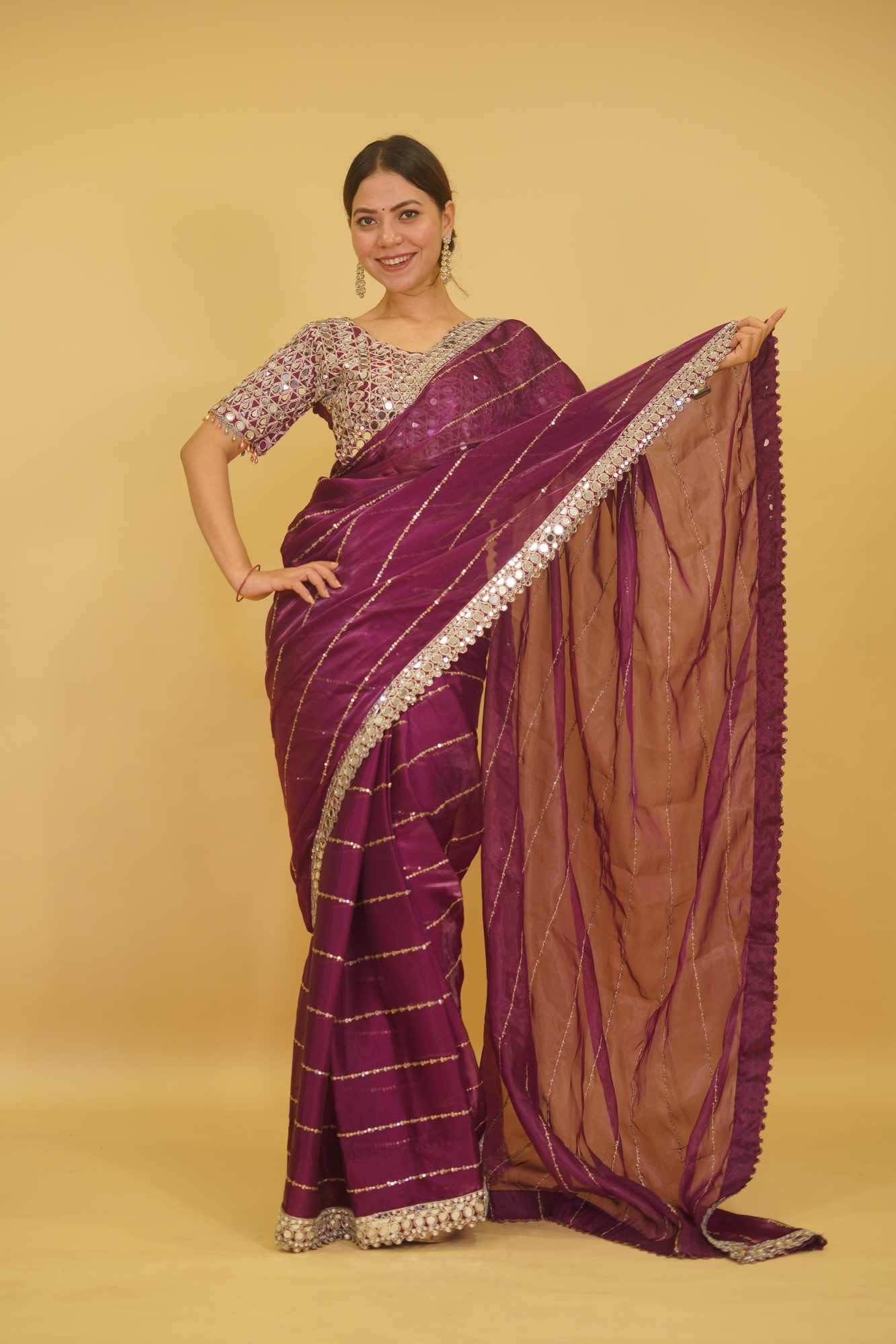 Soft Organza with Real Mirror Work Embroidery lace & Blouse Wrap in 1 Minute Saree - Image 3