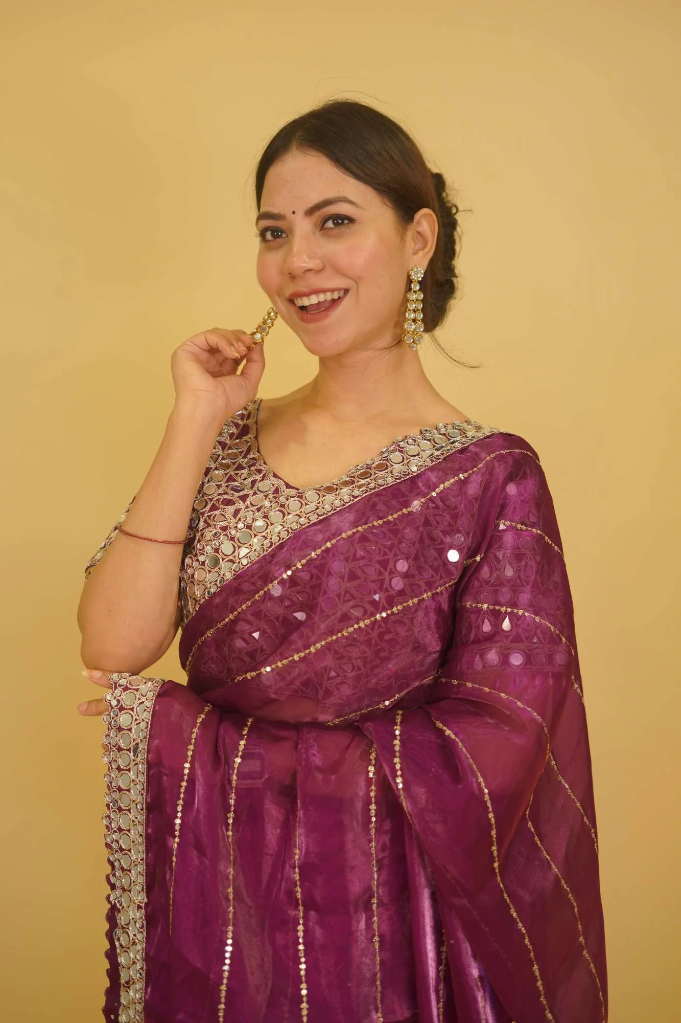 Soft Organza with Real Mirror Work Embroidery lace & Blouse Wrap in 1 Minute Saree - Image 5