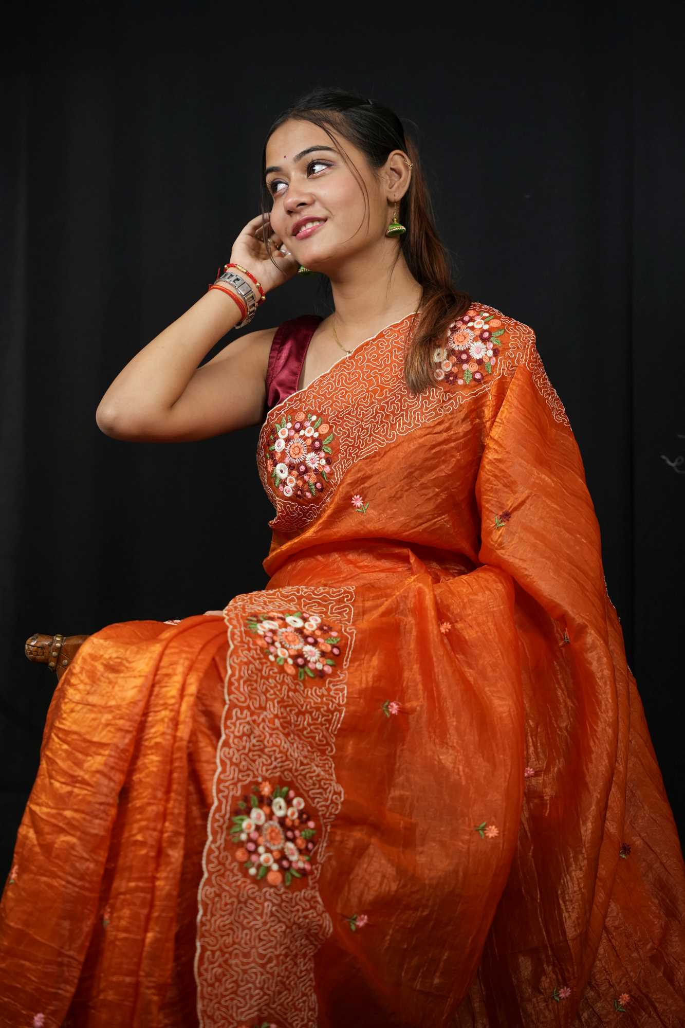 Soft Paper Crush Silk with Embroidered C-Pallu Ready To Wear Saree - Image 18