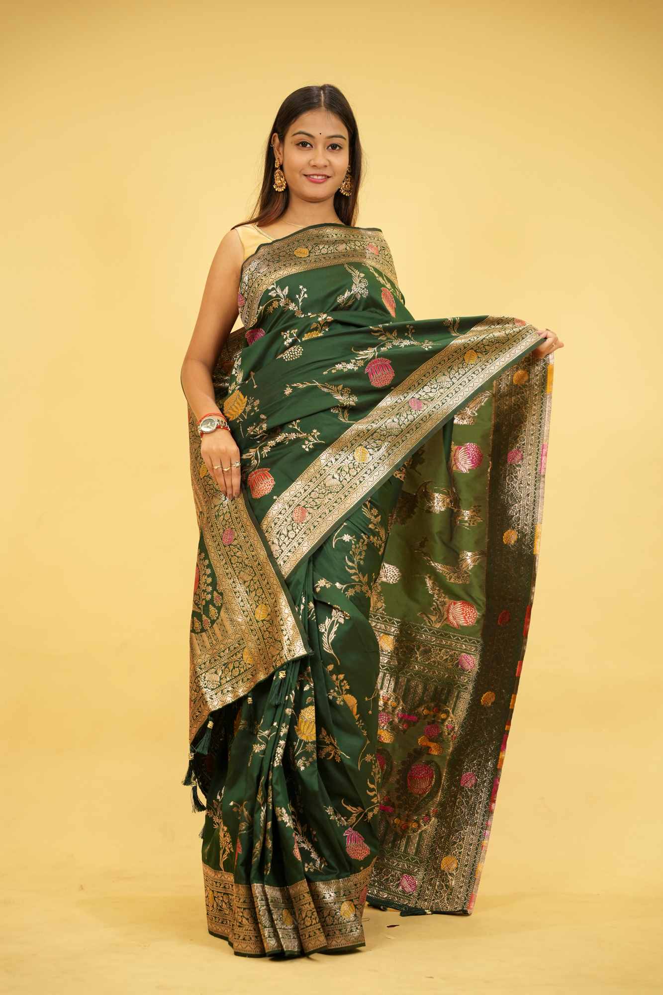 Soft Silk Banarasi Meenakari weave with Beautiful Tassels on Pallu Ready to wear Saree - Image 2