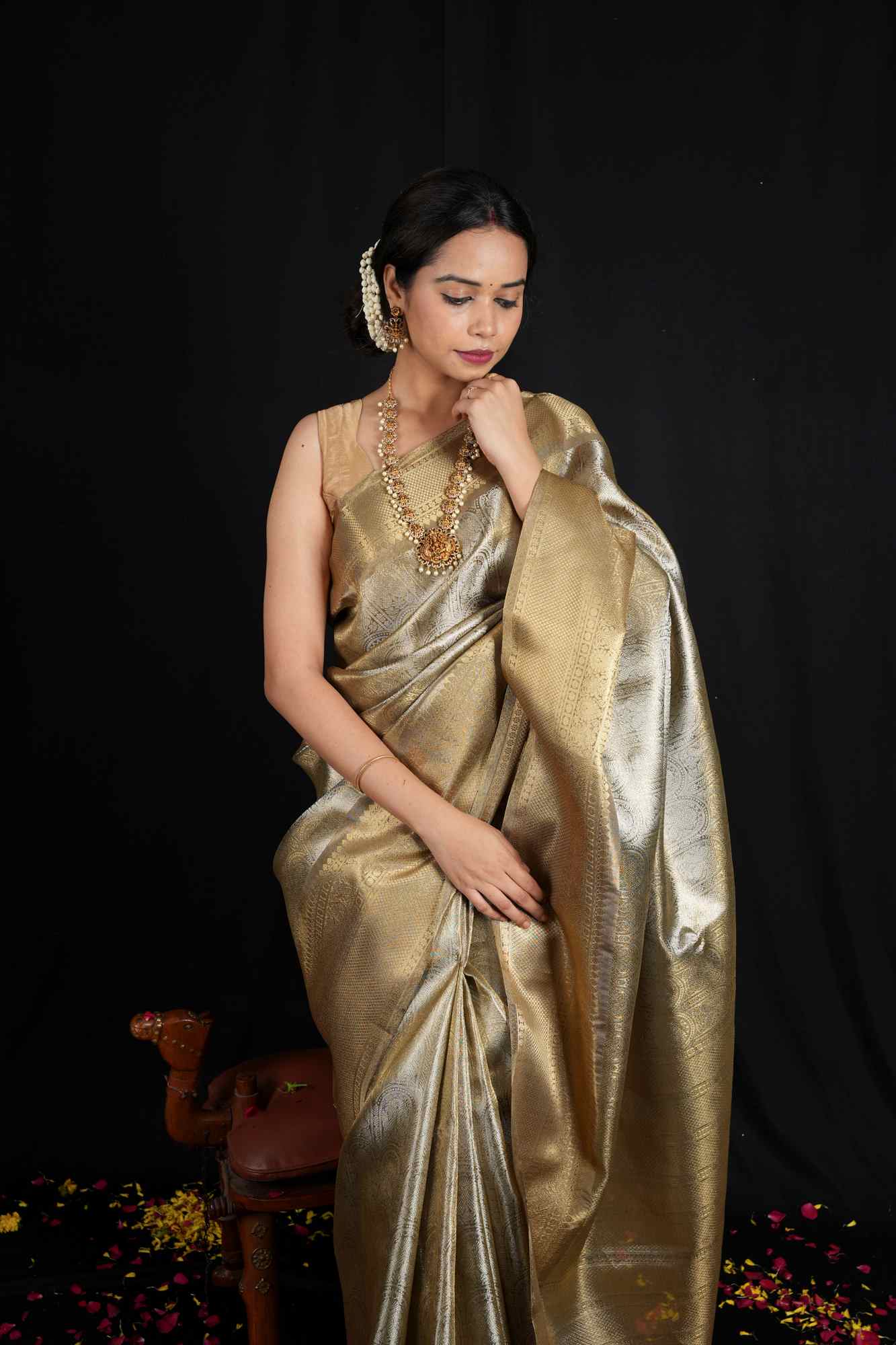Soft Tissue Silk blend with Banarasi Motifs & Golden Zari Border Ready To Wear Saree - Image 16