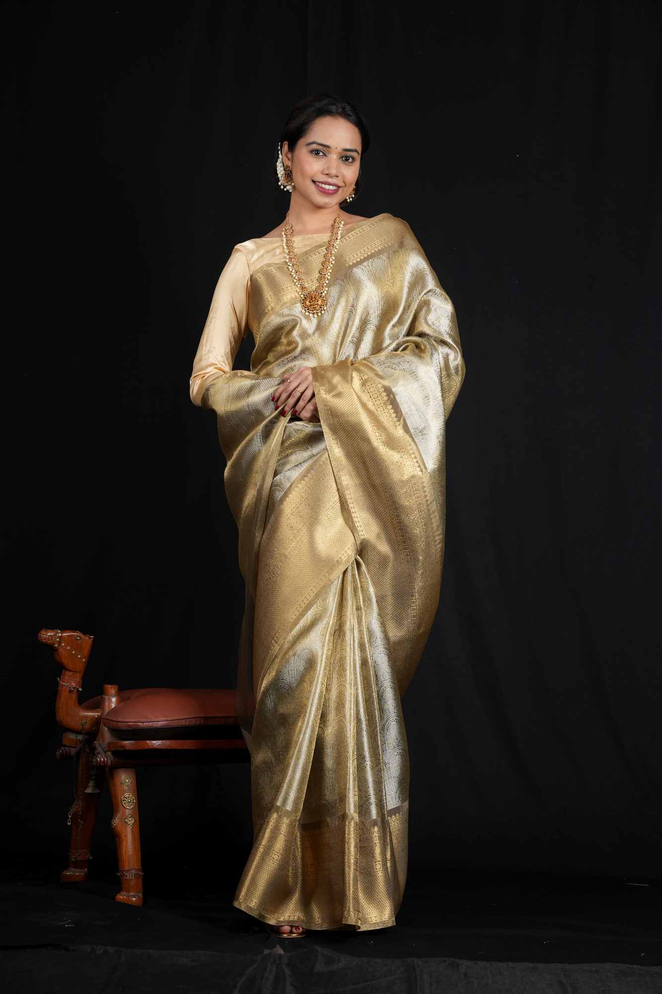 Soft Tissue Silk blend with Banarasi Motifs & Golden Zari Border Ready To Wear Saree - Image 2