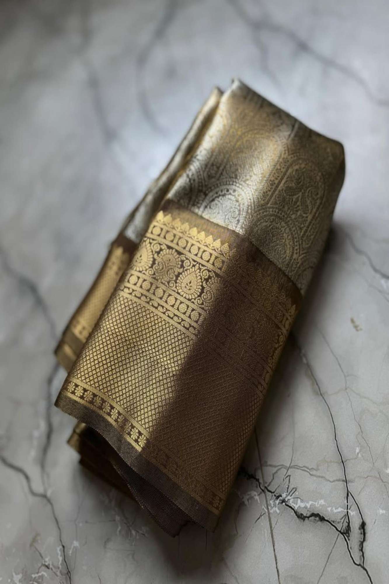 Soft Tissue Silk blend with Banarasi Motifs & Golden Zari Border Ready To Wear Saree - Image 20
