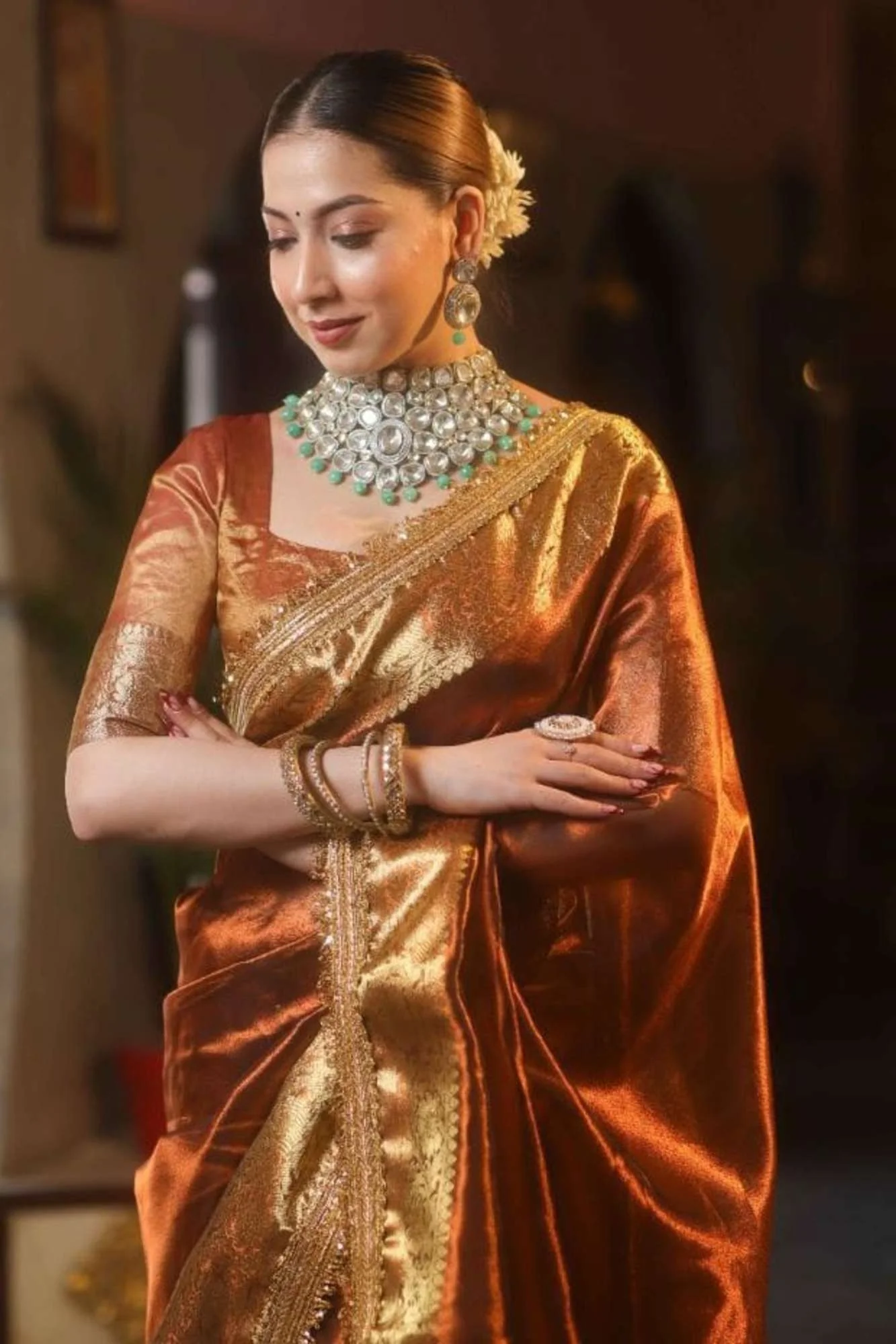 Soft Tissue Silk with Golden Zari Border & Delicate Lace Ready To Wear Saree - Image 3