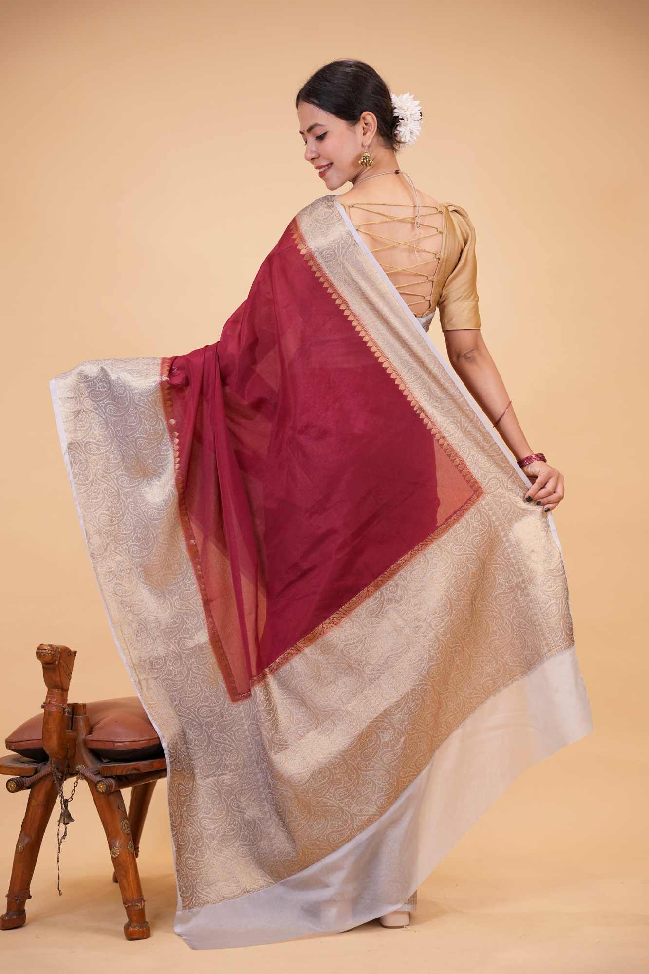 Soft Warm Silk with Intricate Zari Weaving, Broad Border & Classic Pallu Ready To Wear Saree - Image 8