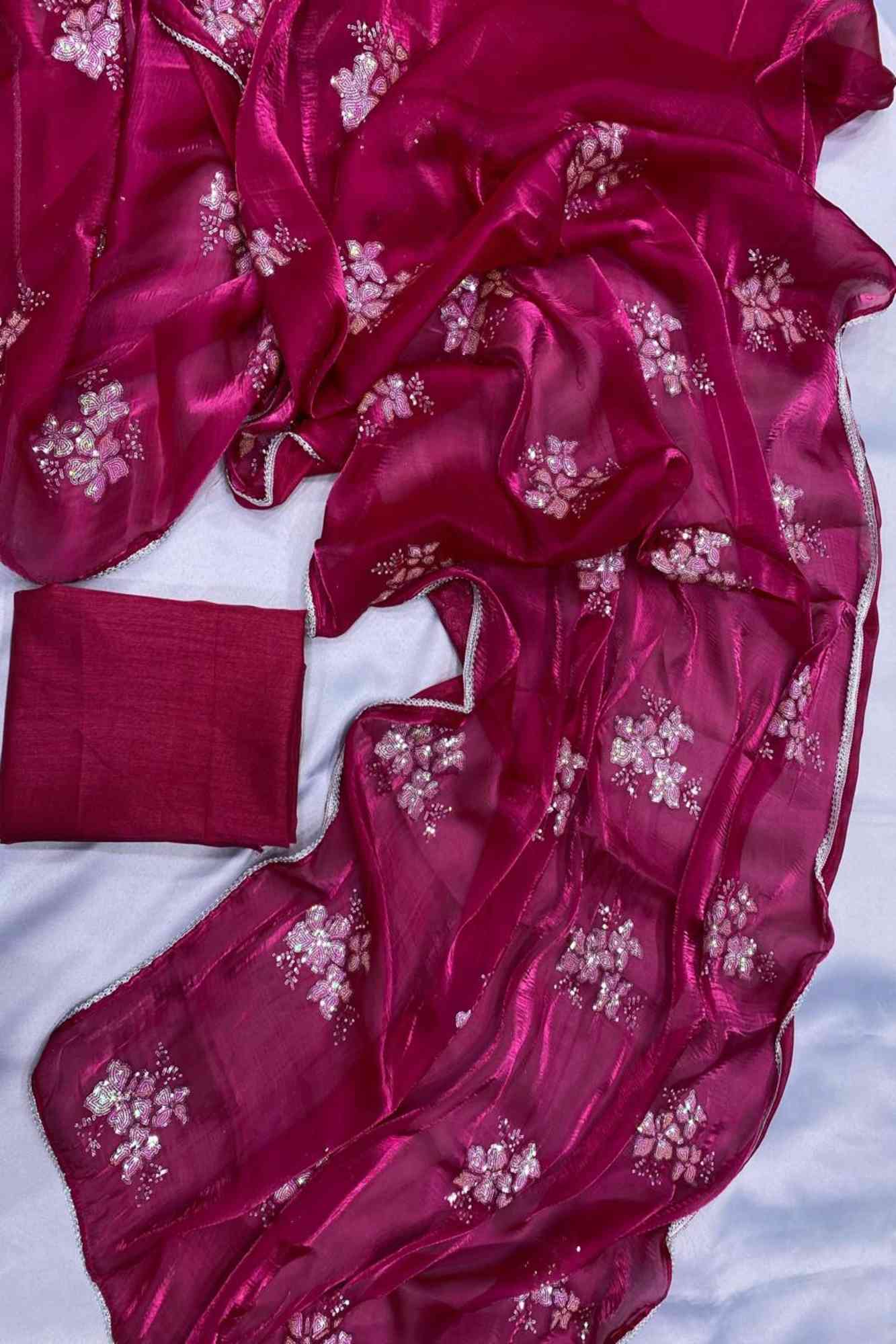 Beautiful Soft Jimi Chu chiffon silk ready to wear Saree with Embroidery, Sequins Work & Cutwork Border Wrap in 1 minute saree - Image 12