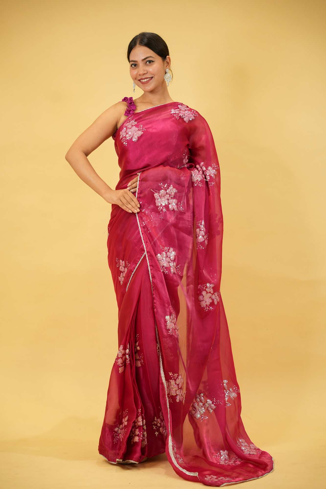 Beautiful Soft Jimi Chu chiffon silk ready to wear Saree with Embroidery, Sequins Work & Cutwork Border Wrap in 1 minute saree - Image 6