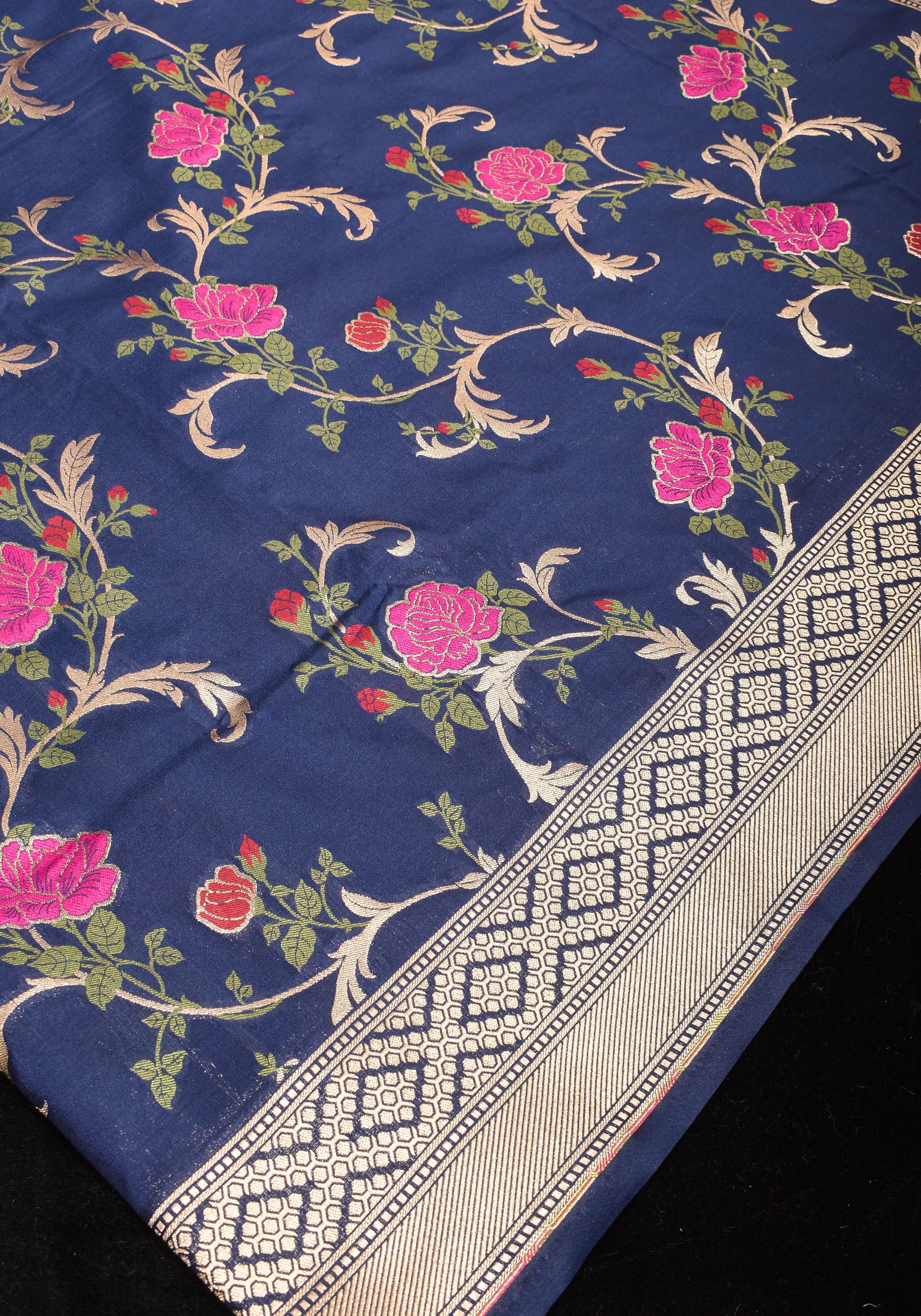 Space Cadet tone Exquisite Meenakari Rose Jaal Semi Silk Saree and zari border | Shobitam - Image 7