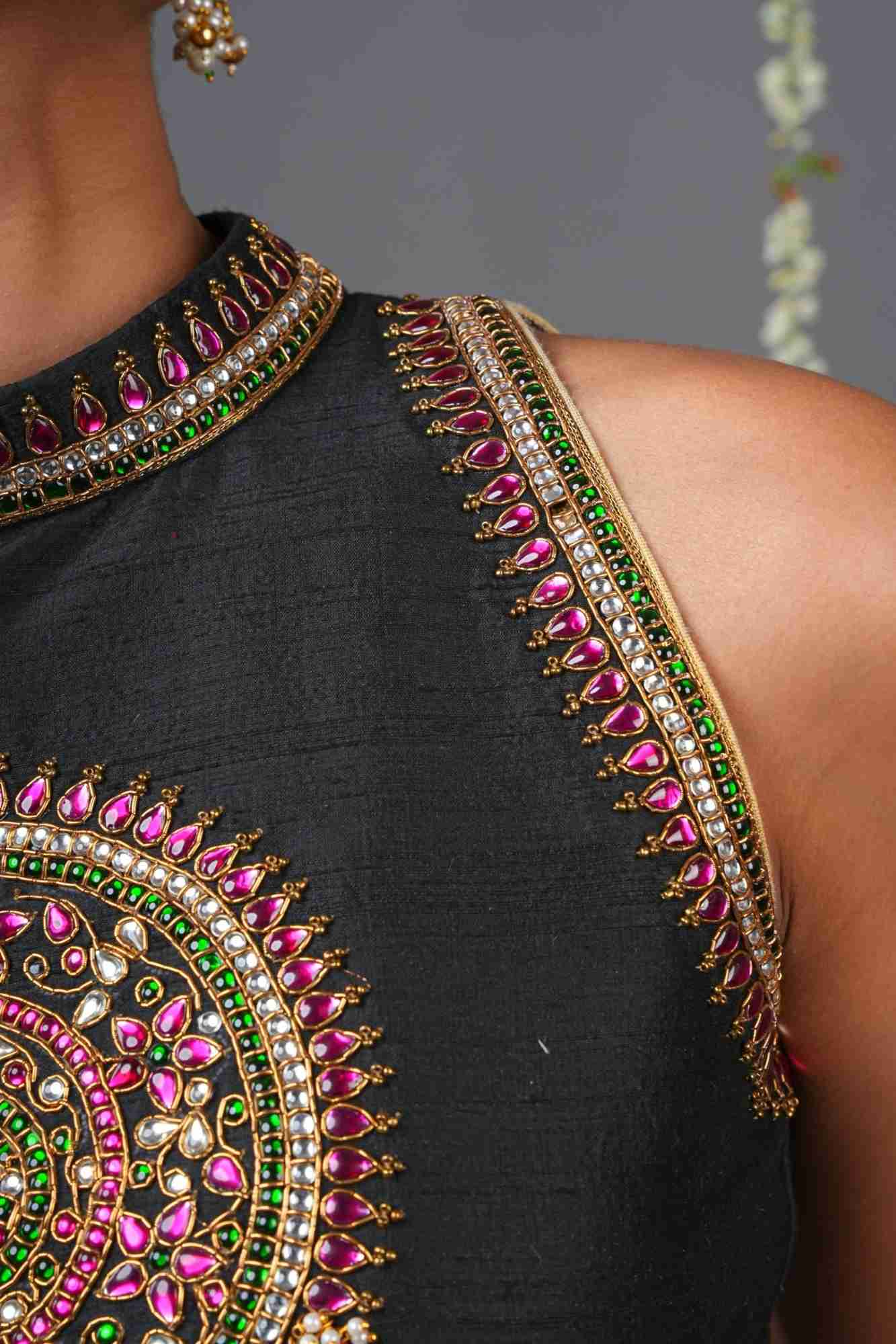Statement Black Halter Neck Pure Raw Silk Blouse with Kemp Handwork Mandala, Made to Order - Image 5