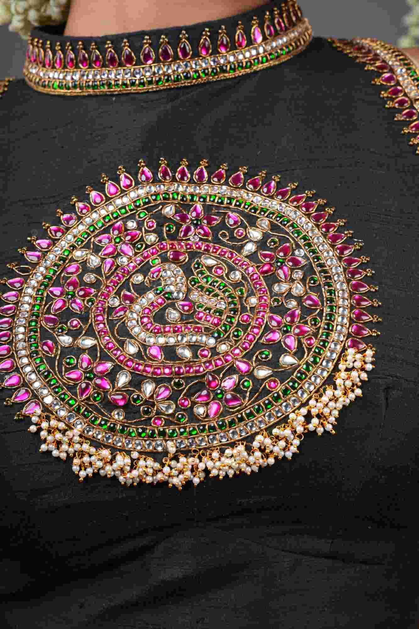 Statement Black Halter Neck Pure Raw Silk Blouse with Kemp Handwork Mandala, Made to Order - Image 8