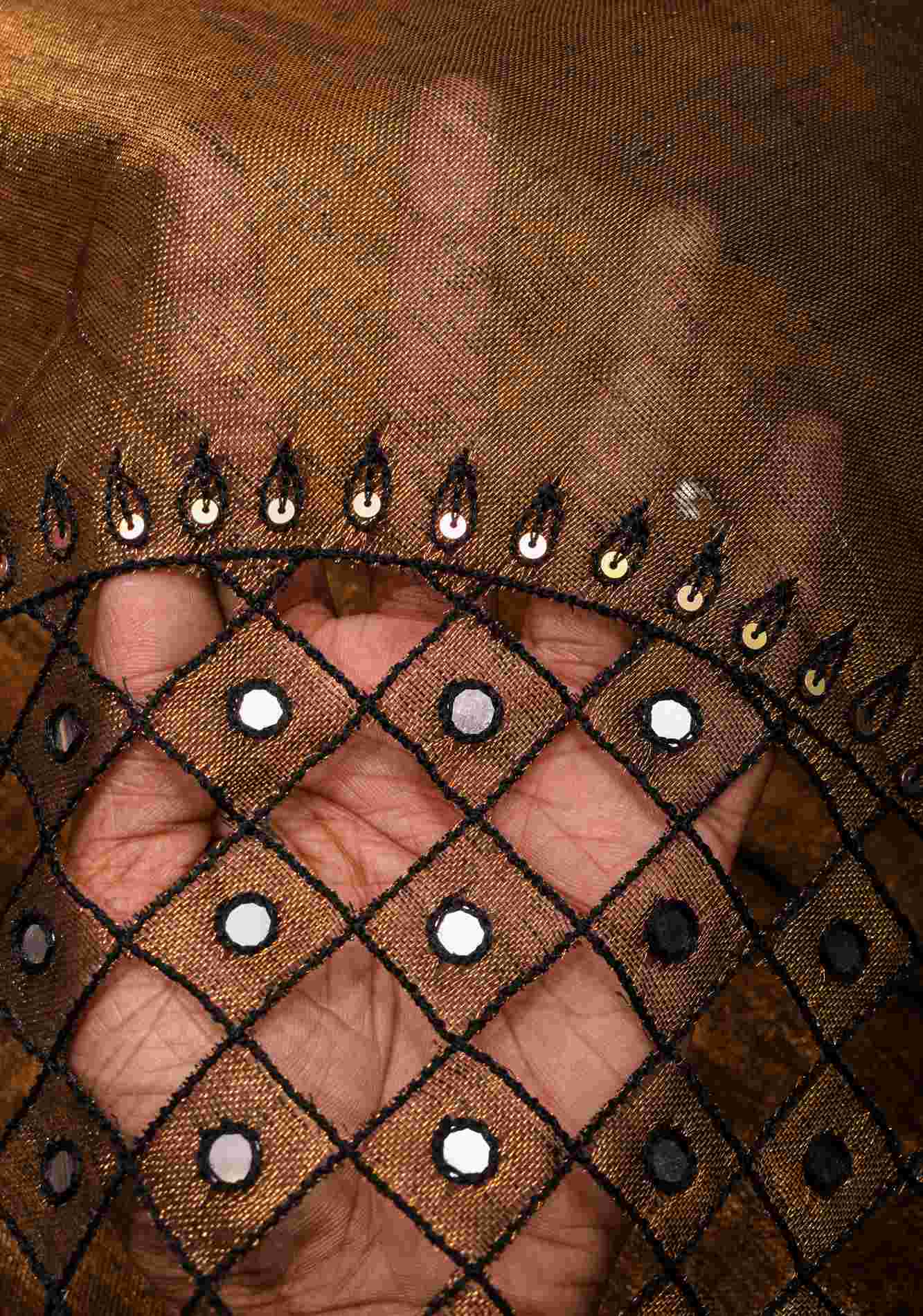 Stitched saree Copper and Black Cutwork and Mirror Work Tissue Linen Predraped Saree with dramatic tassels Wrap in 1 minute saree - Image 5