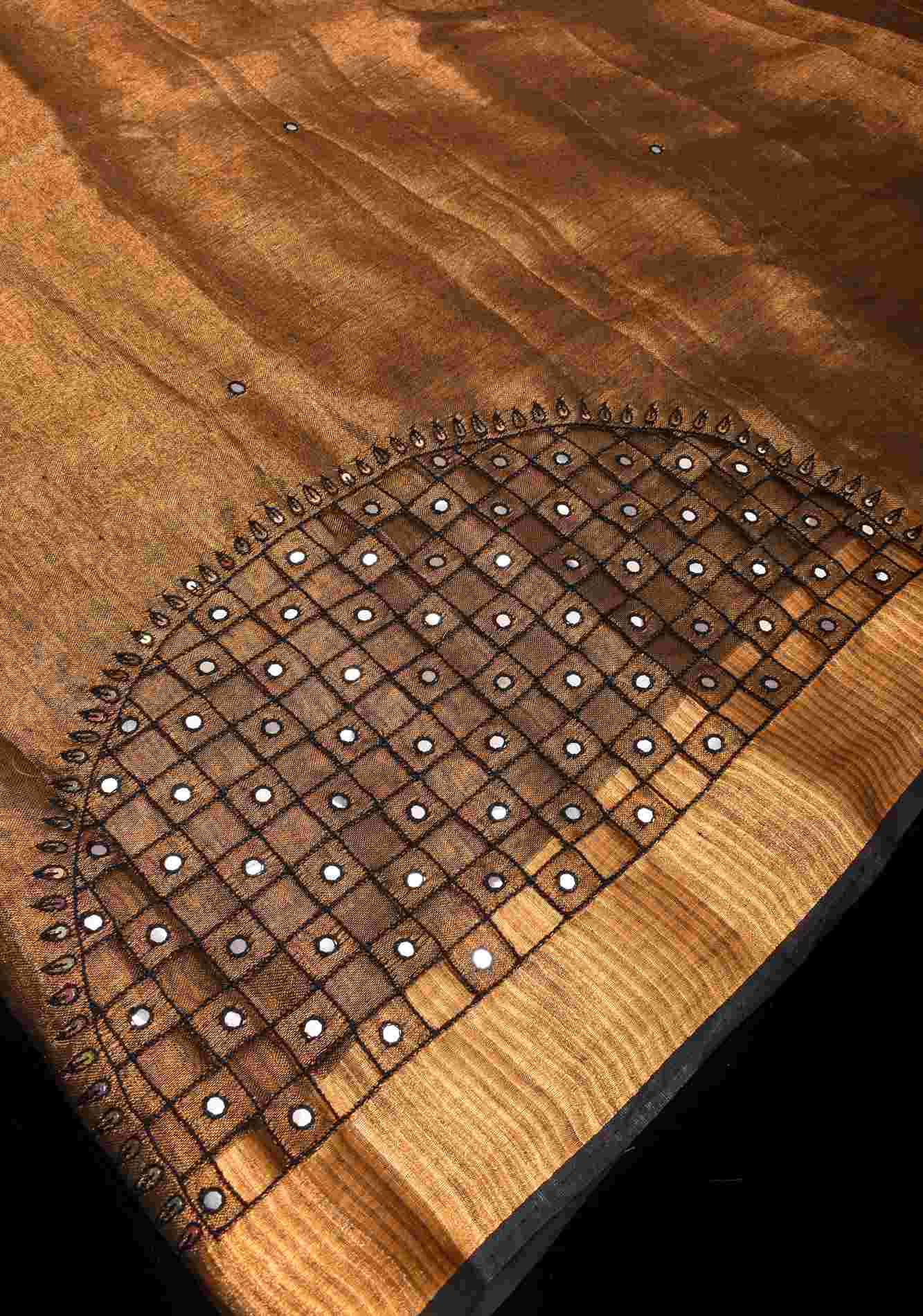 Stitched saree Copper and Black Cutwork and Mirror Work Tissue Linen Predraped Saree with dramatic tassels Wrap in 1 minute saree - Image 6