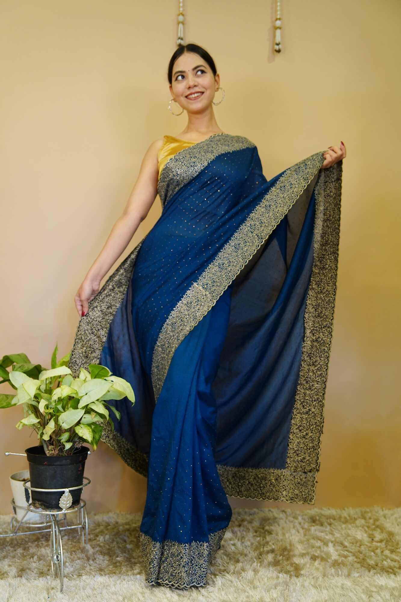 Stitched saree Zari Intricate Detail Bordered With Overall Crystal Embedded Ready To Wear Saree - Image 2