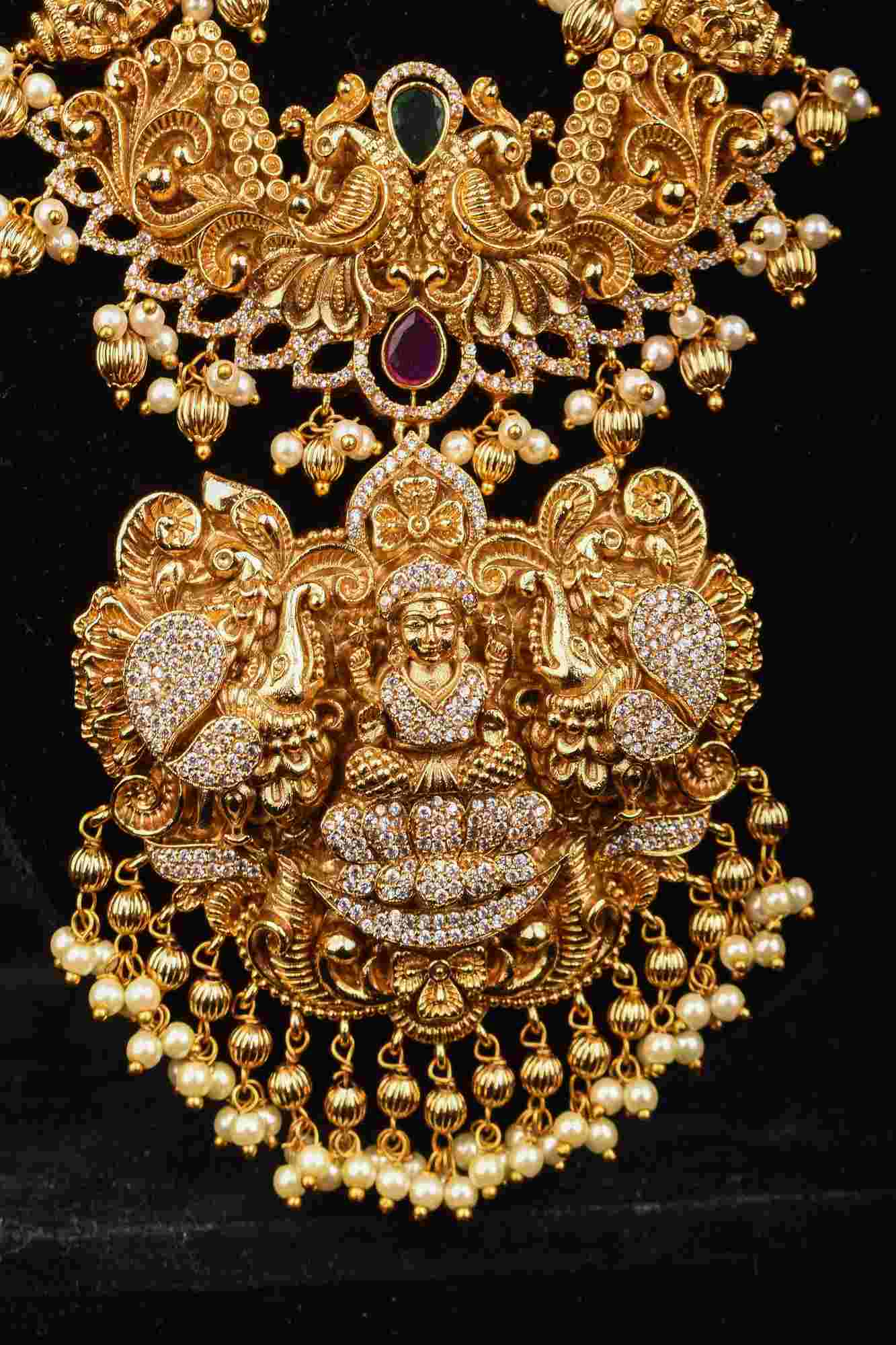 Stunning Antique Gold Finish Temple Necklace Set with Goddess Lakshmi Pendant and Pearl Embellishments - Image 5