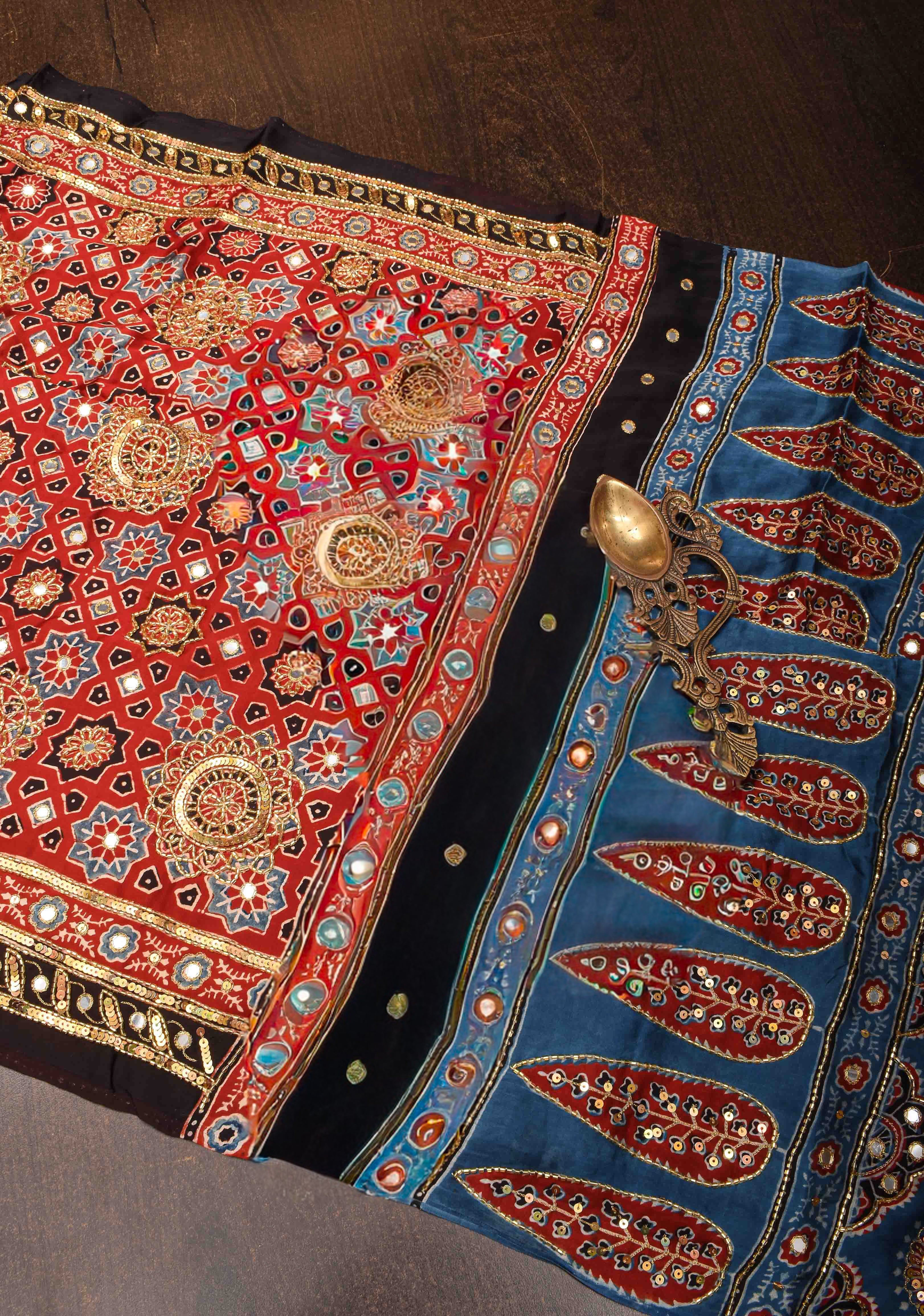 Full Handwork on Authentic Ajrakh Handblock Print on Modal Silk Saree in red | Shobitam - Image 9