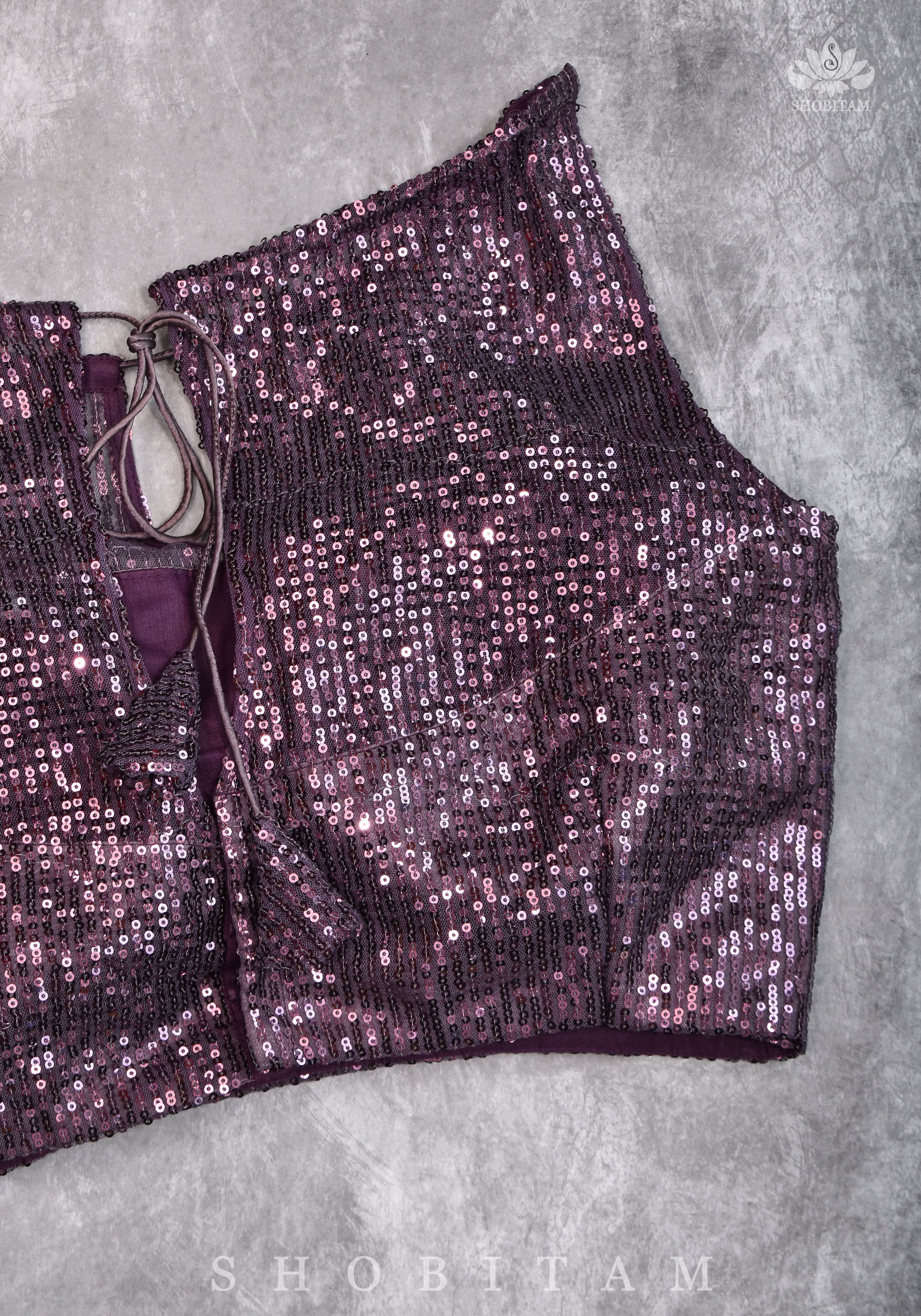 Stylish Amethyst Gathered Neck Blouse with self tone sequins and sheer yoke | Shobitam - Image 10