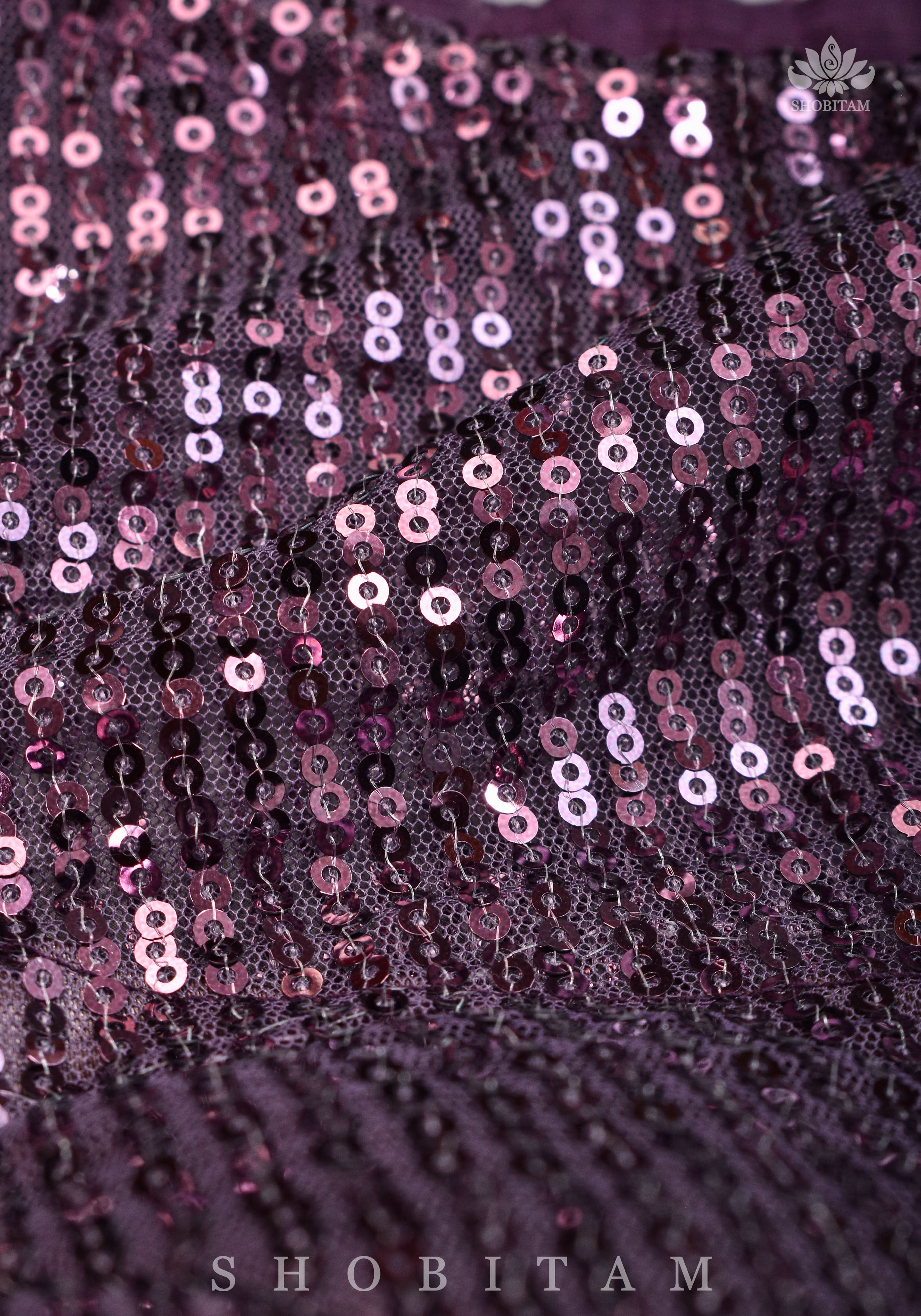 Stylish Amethyst Gathered Neck Blouse with self tone sequins and sheer yoke | Shobitam - Image 12