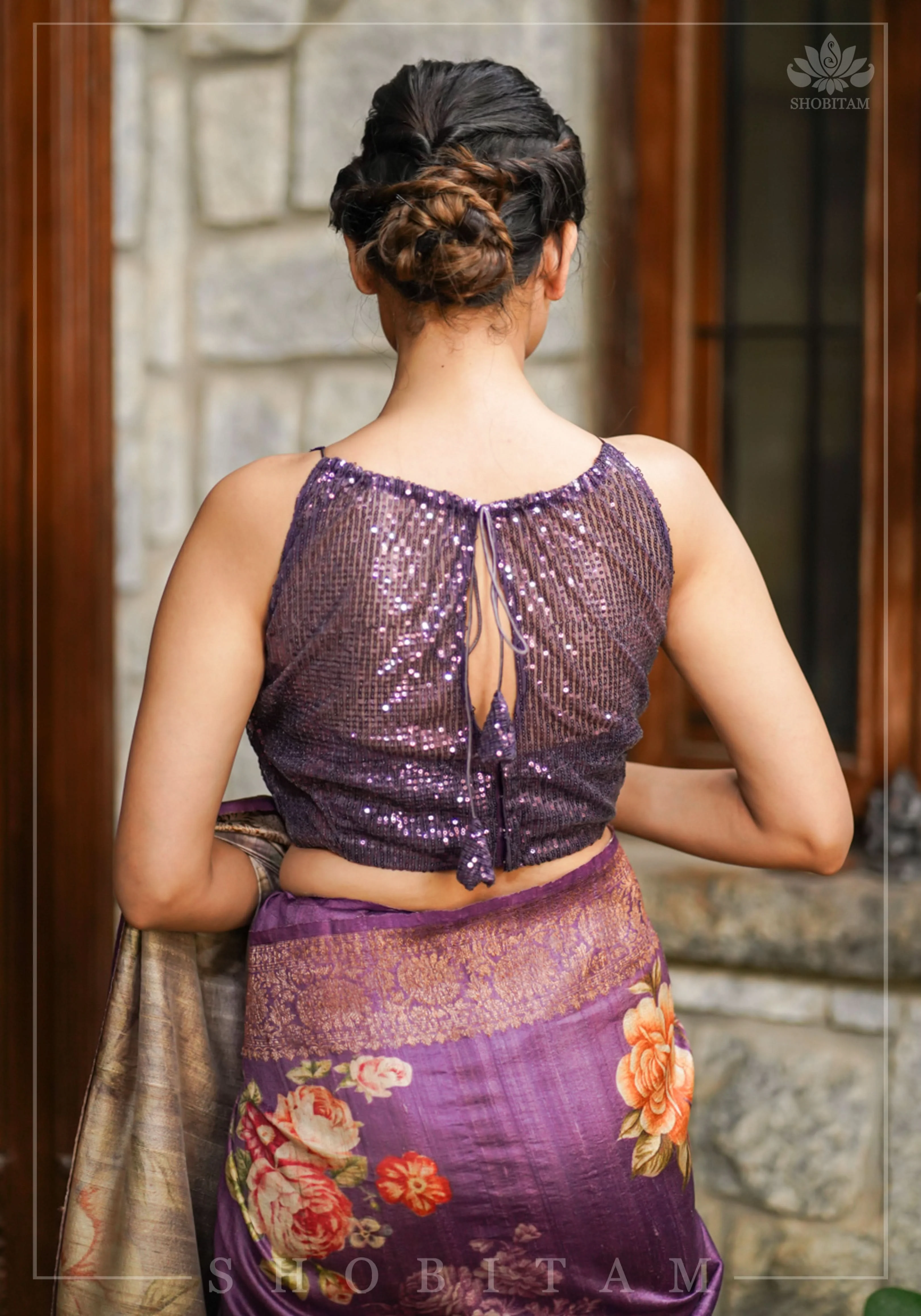 Stylish Amethyst Gathered Neck Blouse with self tone sequins and sheer yoke | Shobitam - Image 6
