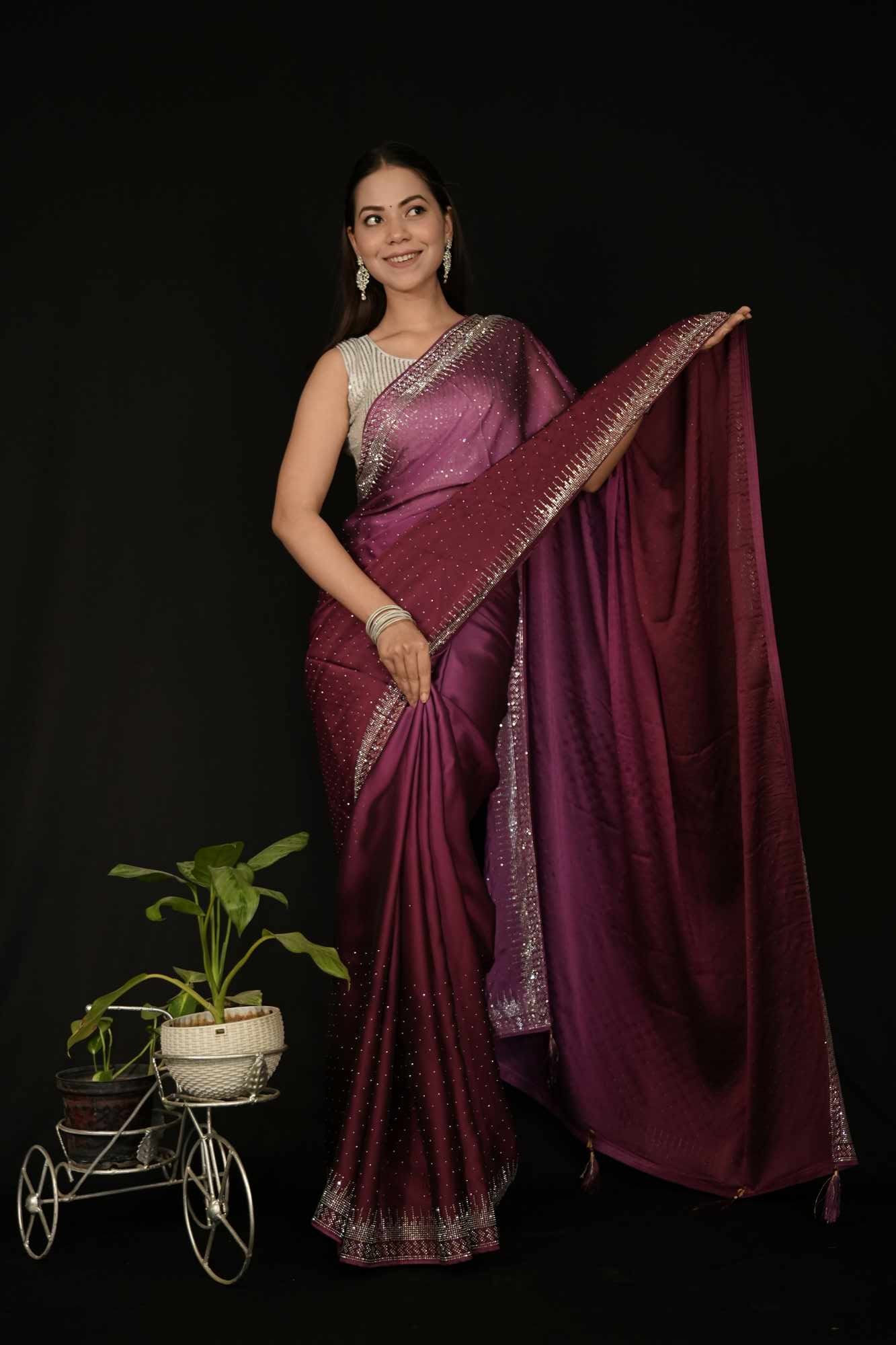 Stylish Dual Shade Soft Premium Satin Silk With Stone Embellished Overall With Detail  Border Ready To Wear Saree - Image 12
