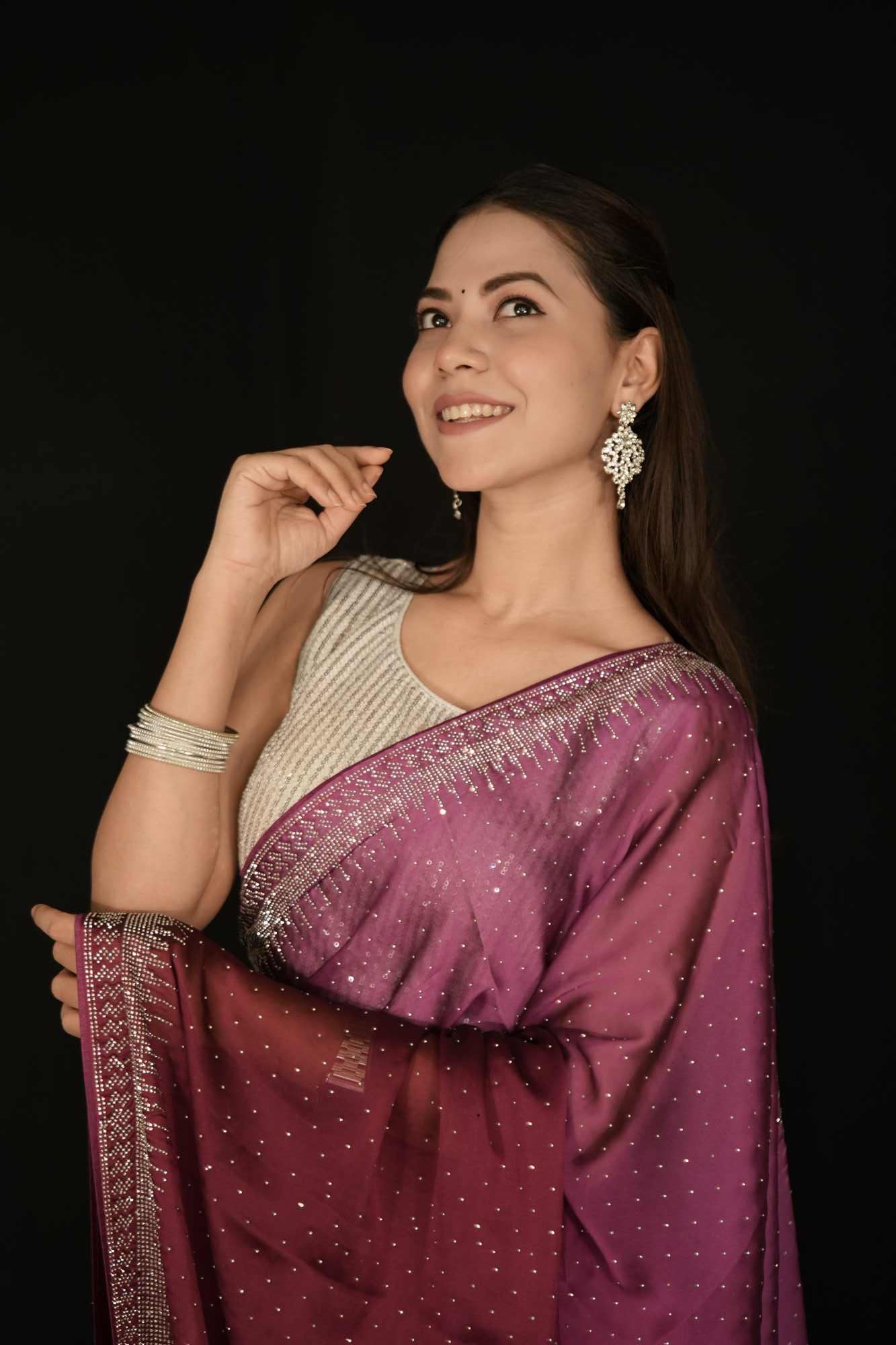 Stylish Dual Shade Soft Premium Satin Silk With Stone Embellished Overall With Detail  Border Ready To Wear Saree - Image 14