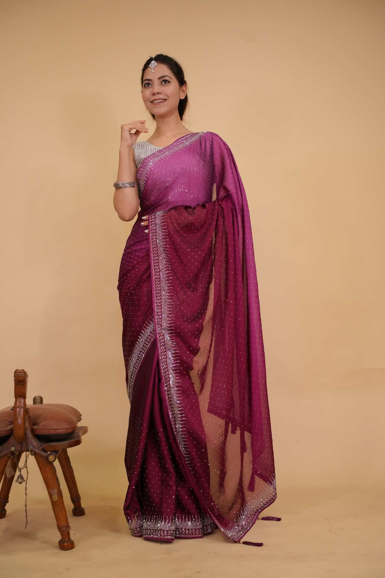 Stylish Dual Shade Soft Premium Satin Silk With Stone Embellished Overall With Detail  Border Ready To Wear Saree - Image 4