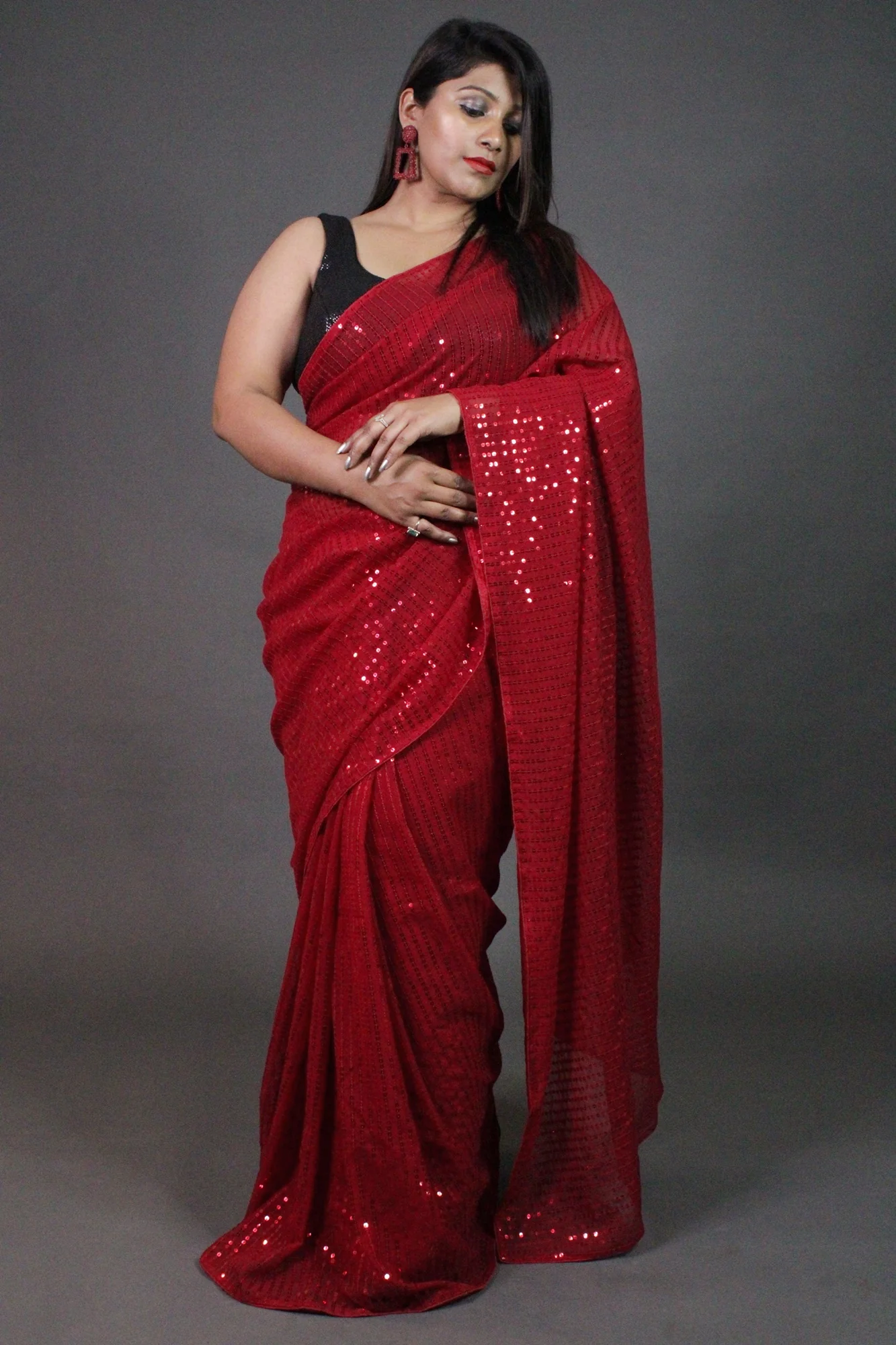 Stylish Maroon All Over  Sequined Wrap in 1 minute saree - Image 2