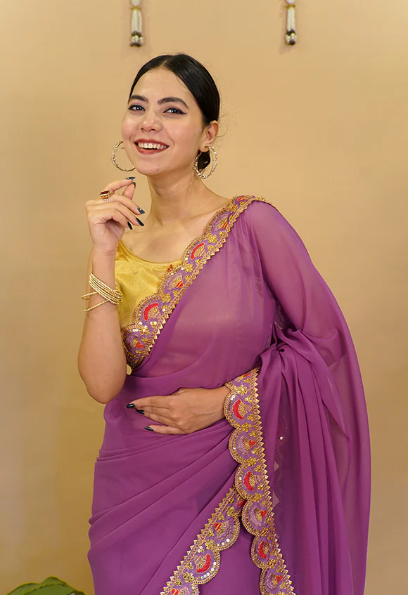 Stylish Purple Georgette With Designer Scallop Sequence Embellished Bordered  Wrap in 1 minute saree - Image 7