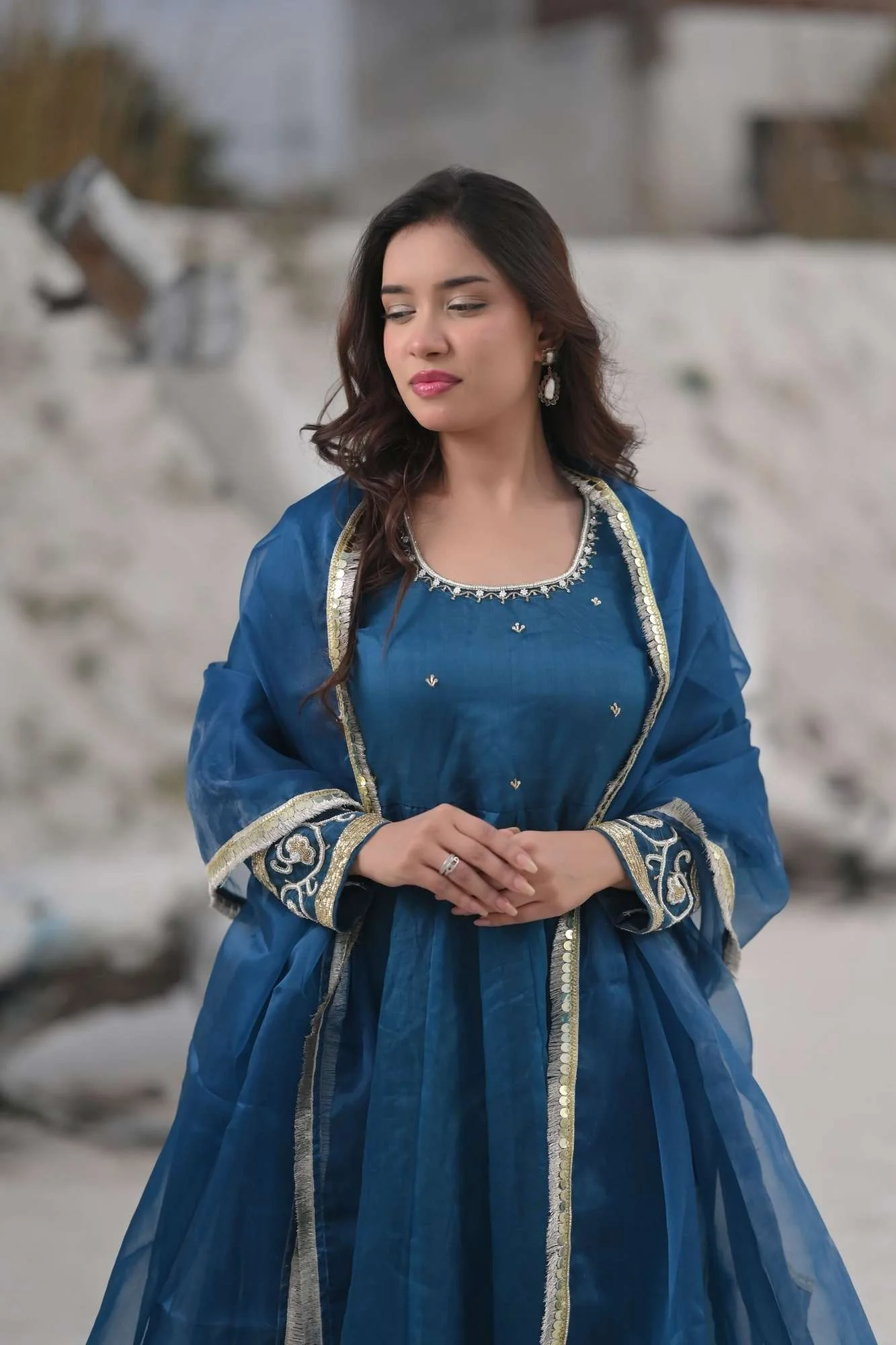 Tarini Teal organza anarkali 3 piece Set with Lace detailing border and dana, sequins bead embroidery| Made To Order - Image 3