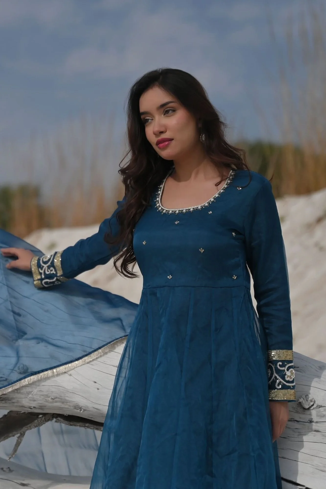 Tarini Teal organza anarkali 3 piece Set with Lace detailing border and dana, sequins bead embroidery| Made To Order - Image 8