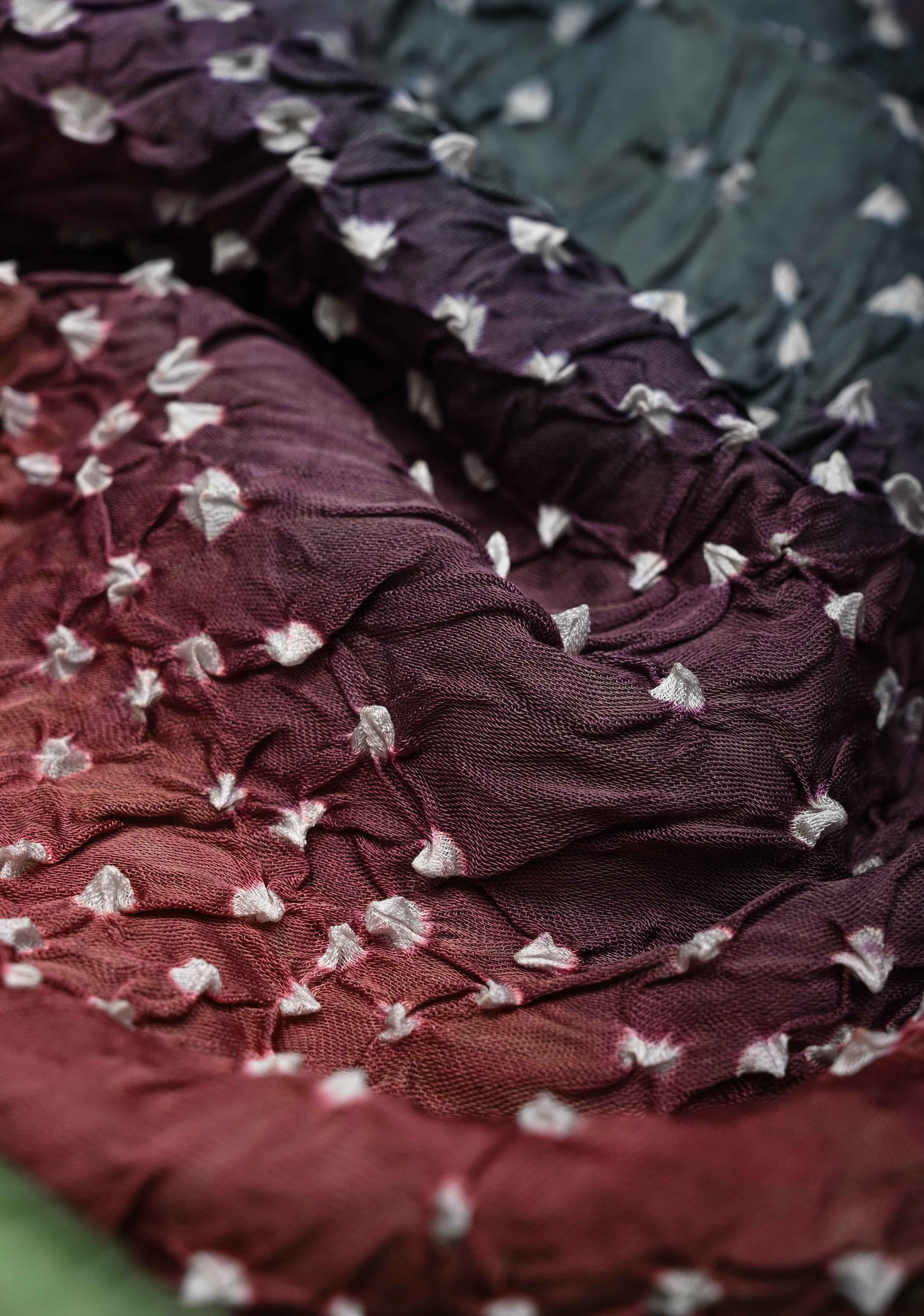 Tea Green Hand Shibori mandala Dye and bandhej design on Modal Silk Saree with crushed Pallu | Shobitam - Image 3